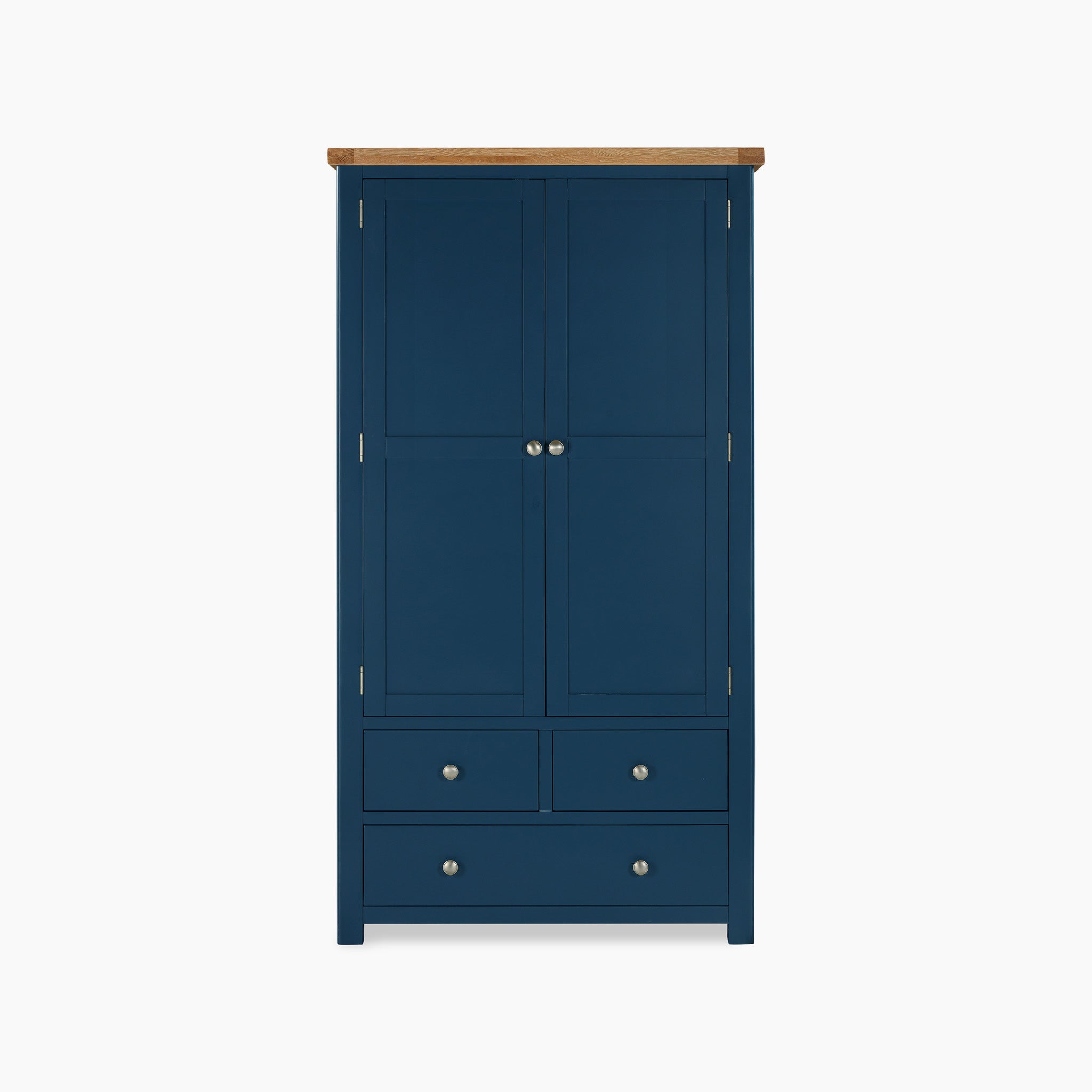 The Burford Double Larder Unit in Navy Blue features a wooden top and is designed with two doors and four drawers adorned with metal knobs, beautifully contrasted against a pristine white background.