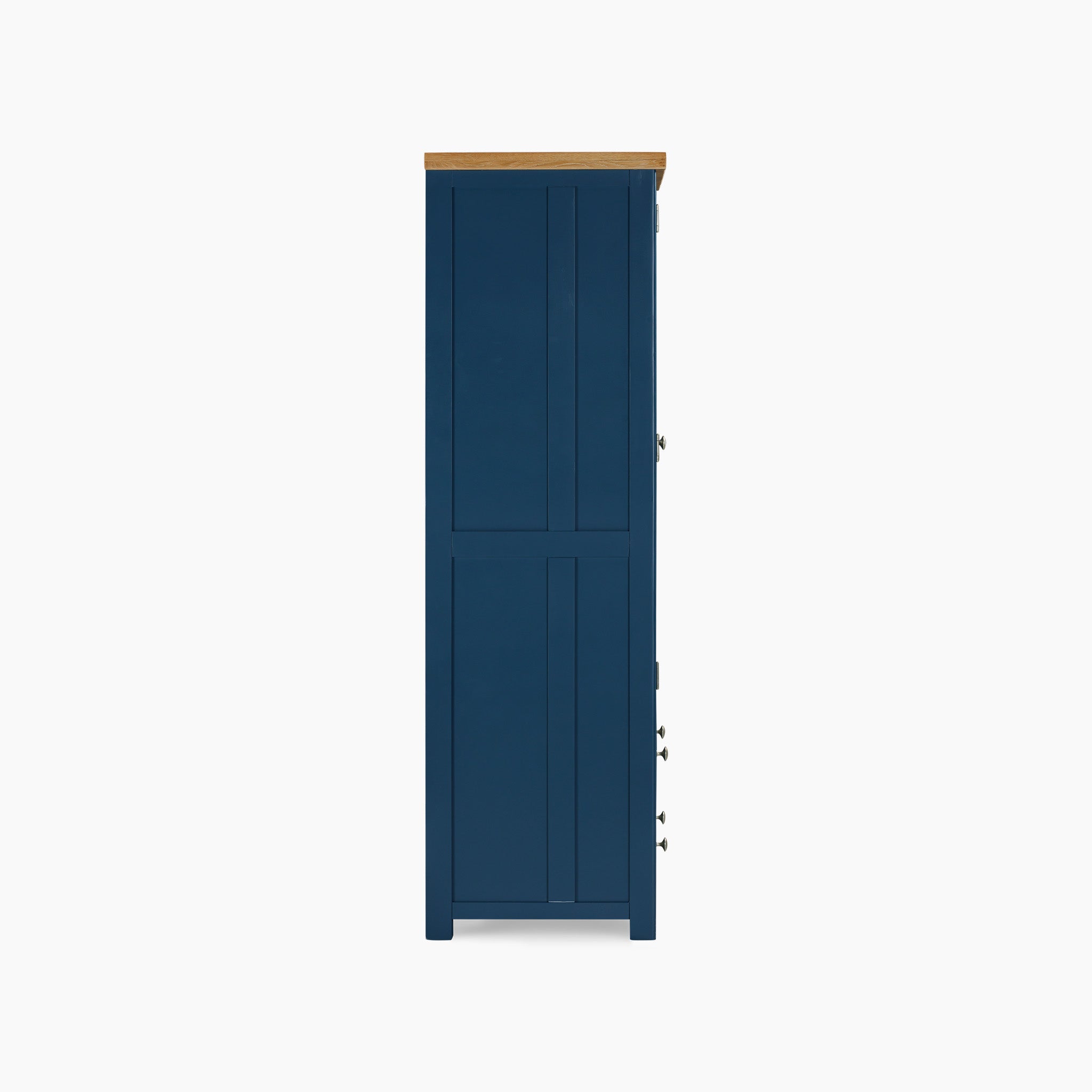 Side view of the Burford Double Larder Unit in navy blue, featuring a light wood top, set against a white background.