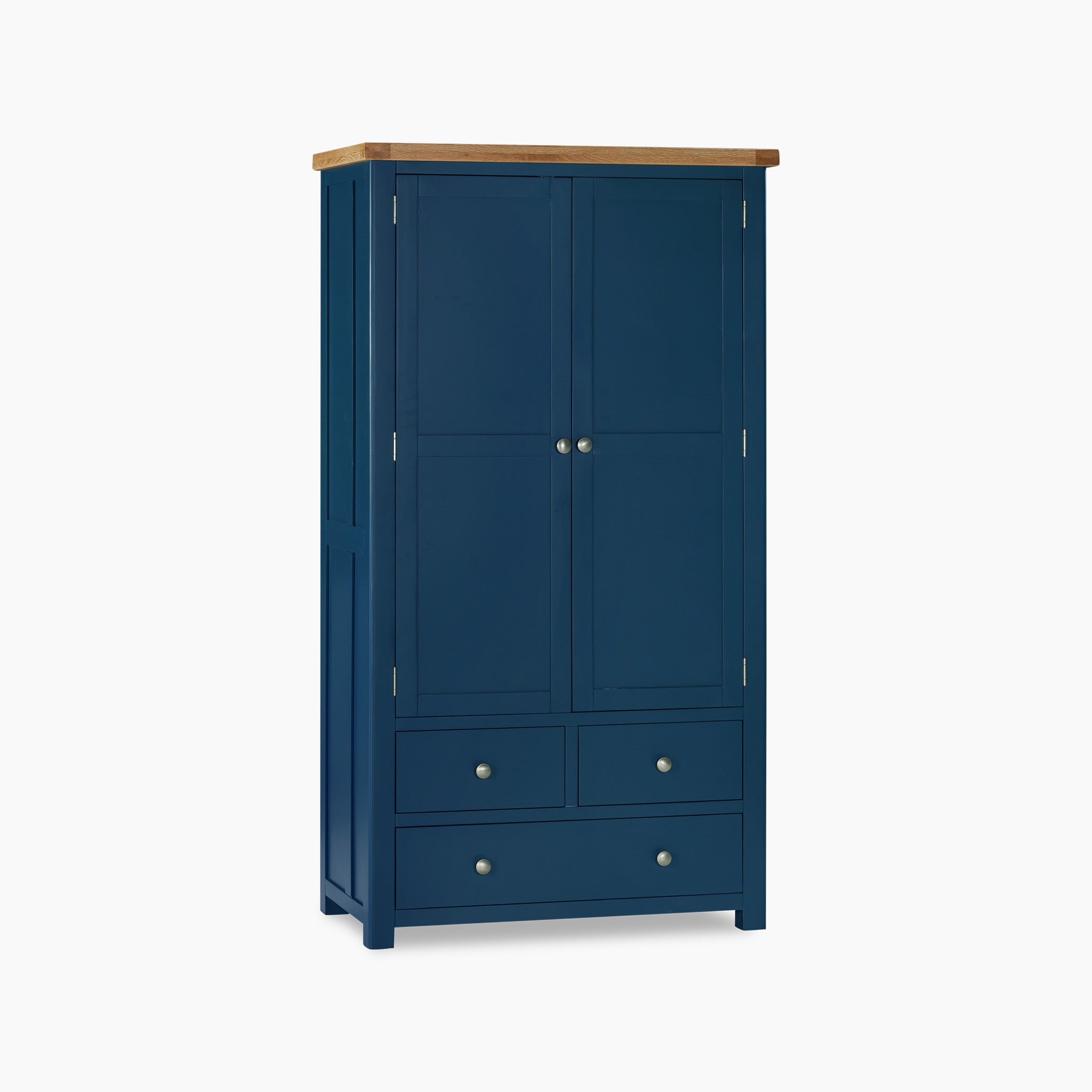 Product: Burford Double Larder Unit in Navy Blue  
Description: This unit features a natural oak top, twin doors, and four drawers adorned with elegant silver knobs.