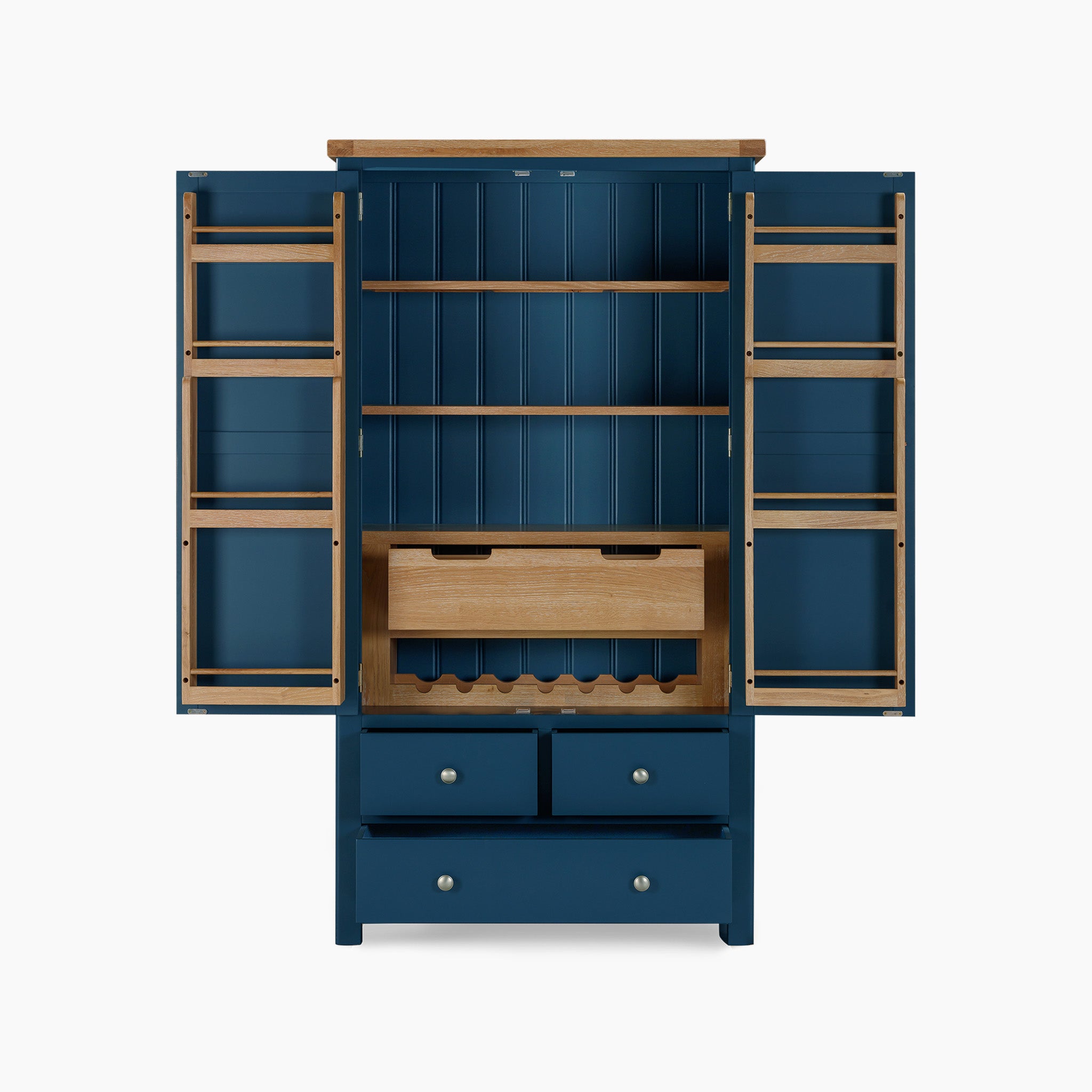 Navy blue Burford Double Larder Unit with open doors, displaying shelves and drawers. This chic piece includes a built-in wine rack, adding both functionality and elegance to any space.