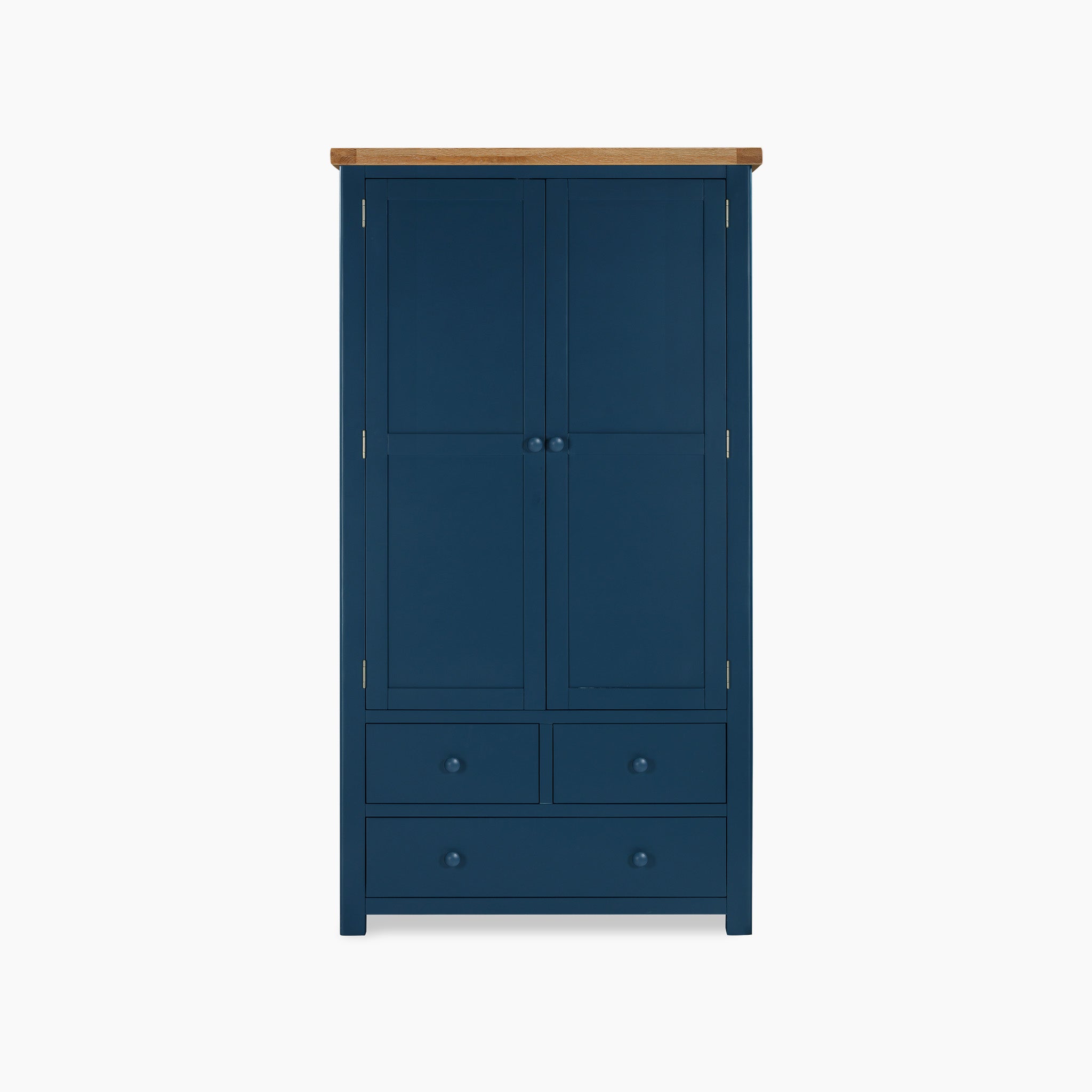 Introducing the Burford Double Larder Unit in Navy Blue: a standout wardrobe with a natural oak top, featuring two doors and three drawers, elegantly contrasted by a crisp white background.