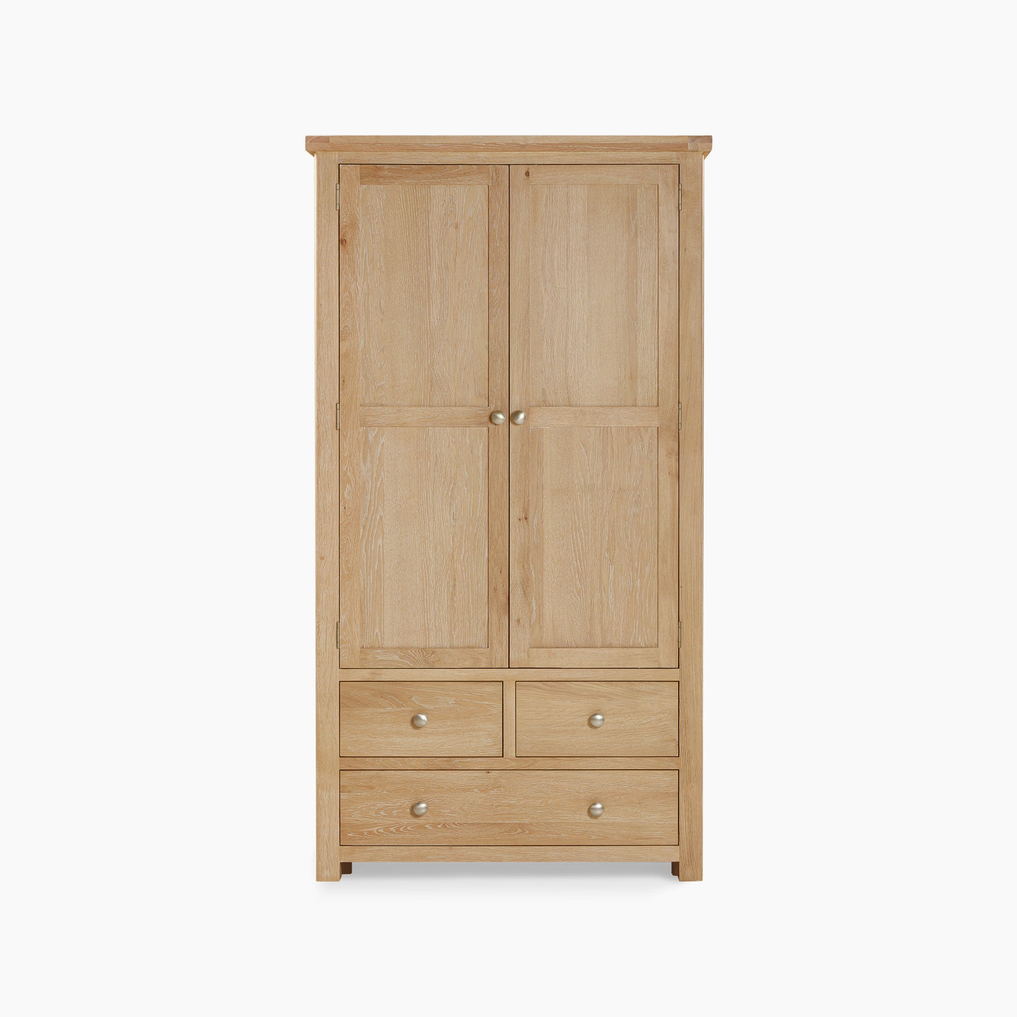 Introducing the Burford Double Larder Unit in Natural Oak: a wooden wardrobe crafted with two doors and four drawers, featuring simple metal handles set against a white backdrop. Its design beautifully enhances the Natural Oak finish, infusing any space with rustic charm.