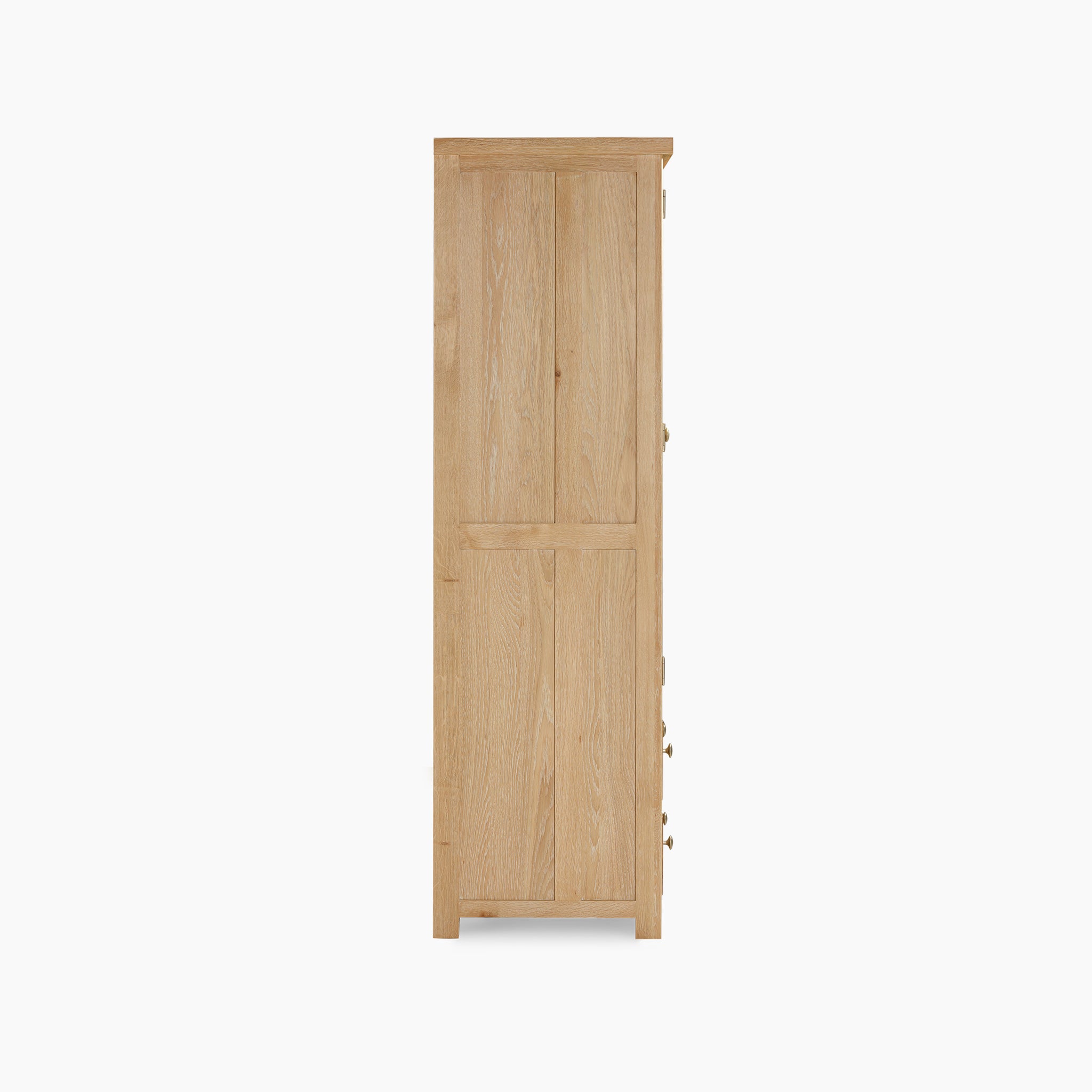 Side view of a tall, narrow Burford Double Larder Unit in Natural Oak against a white background.