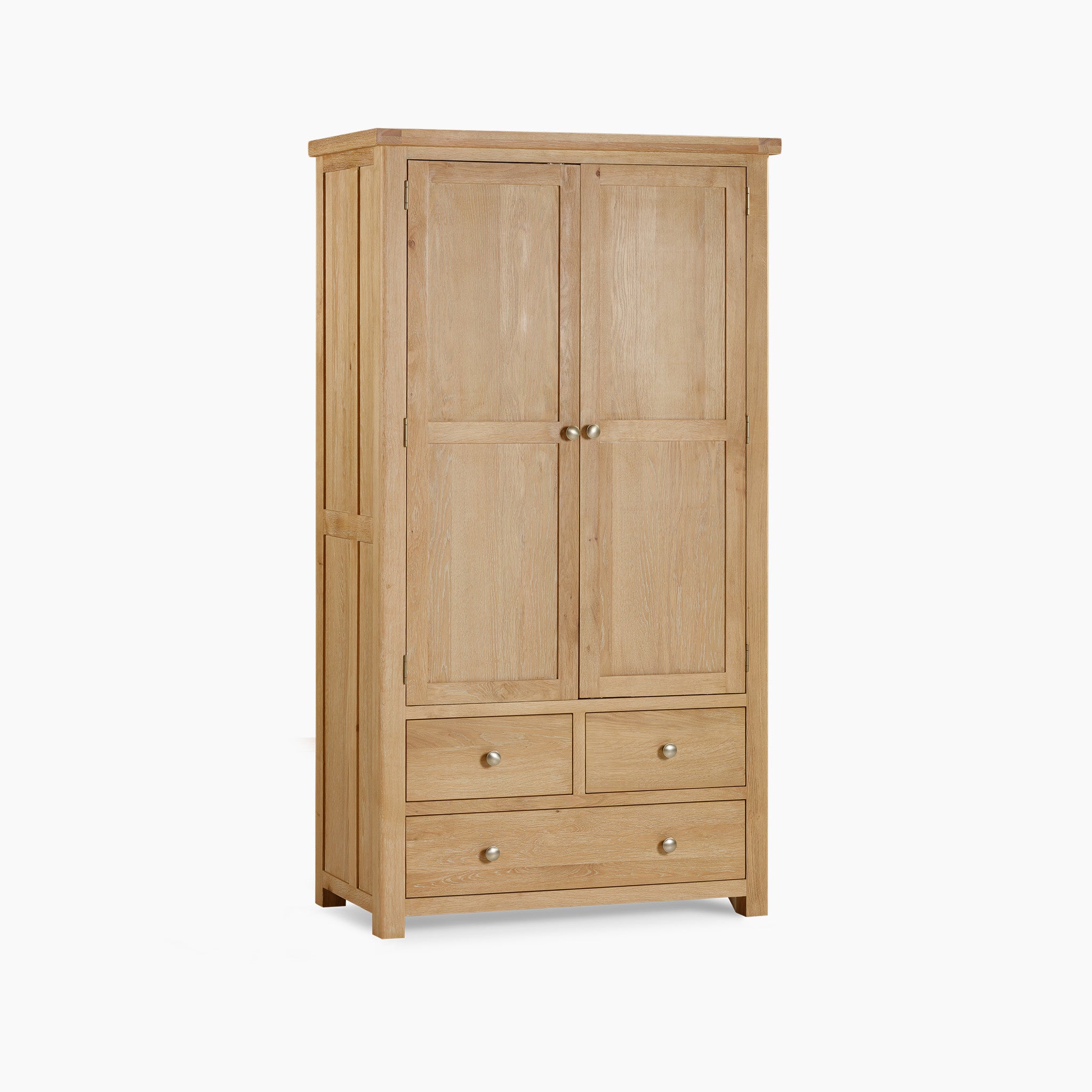 The Burford Double Larder Unit in Natural Oak is a wooden wardrobe featuring two doors and four drawers, equipped with round metal handles. Made from natural oak, this rustic larder unit enhances any space with its charm.