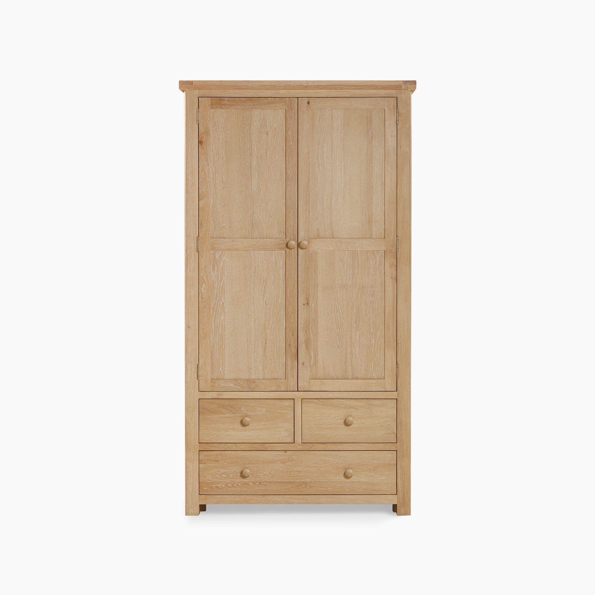 The Burford Double Larder Unit in Natural Oak is a wooden wardrobe featuring two doors and four drawers, accented by a natural oak finish that exudes rustic charm.