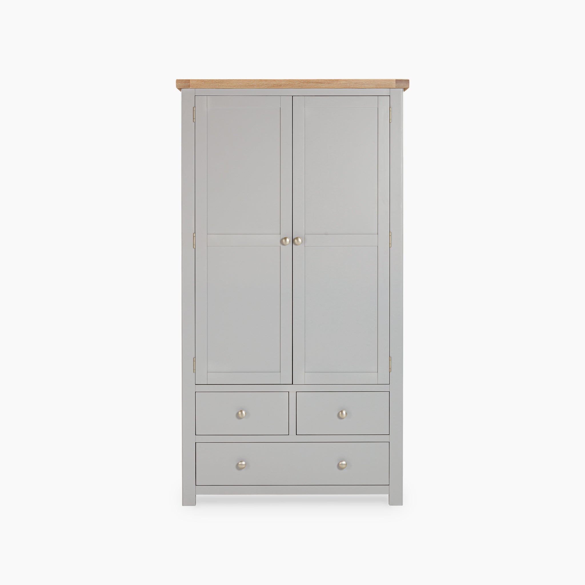 The Burford Double Larder Unit in Pebble Grey is a wardrobe boasting two doors and four drawers, complemented by a premium natural oak panel. Its minimalist design on a white background delivers elegance and efficient storage and organization.