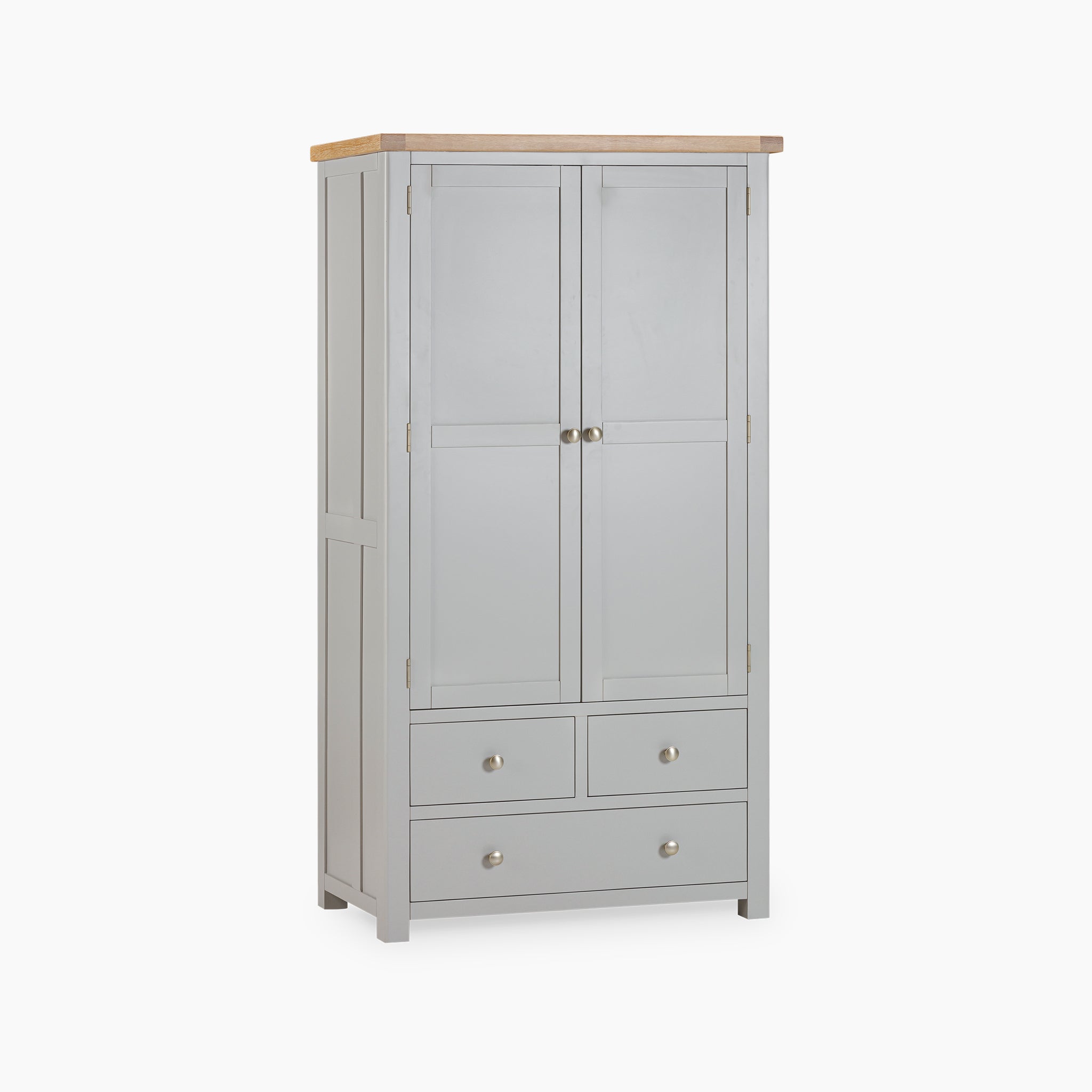 Introducing the Burford Double Larder Unit in Pebble Grey: a tall wooden cabinet with two doors and four drawers, featuring a premium natural oak top. Perfect for storage and organization, this piece combines functionality with stylish elegance.