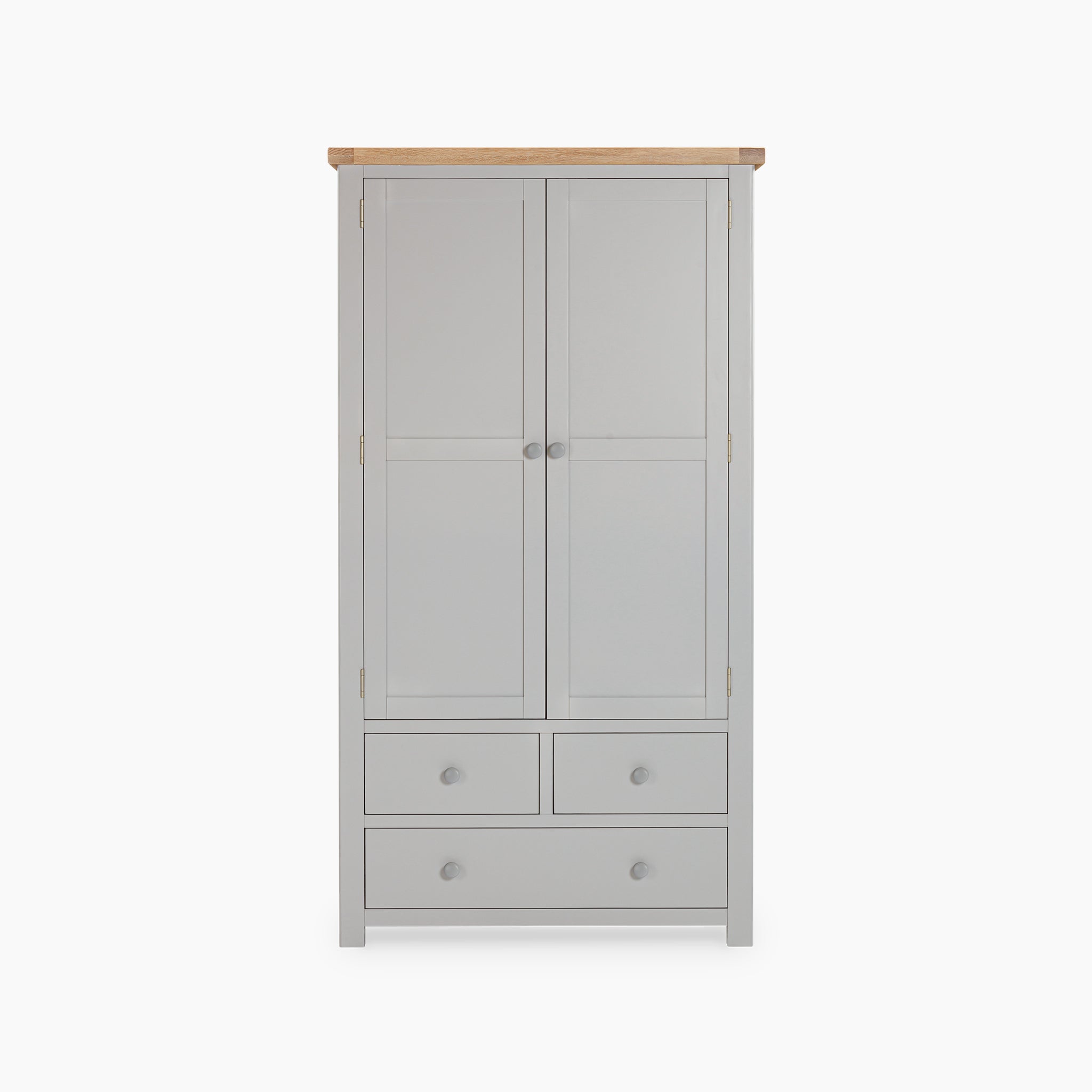 The Burford Double Larder Unit in Pebble Grey is a stylish wardrobe with two doors and four drawers, complemented by a premium natural oak top and set against a white background. It's an excellent choice for storage and organization.