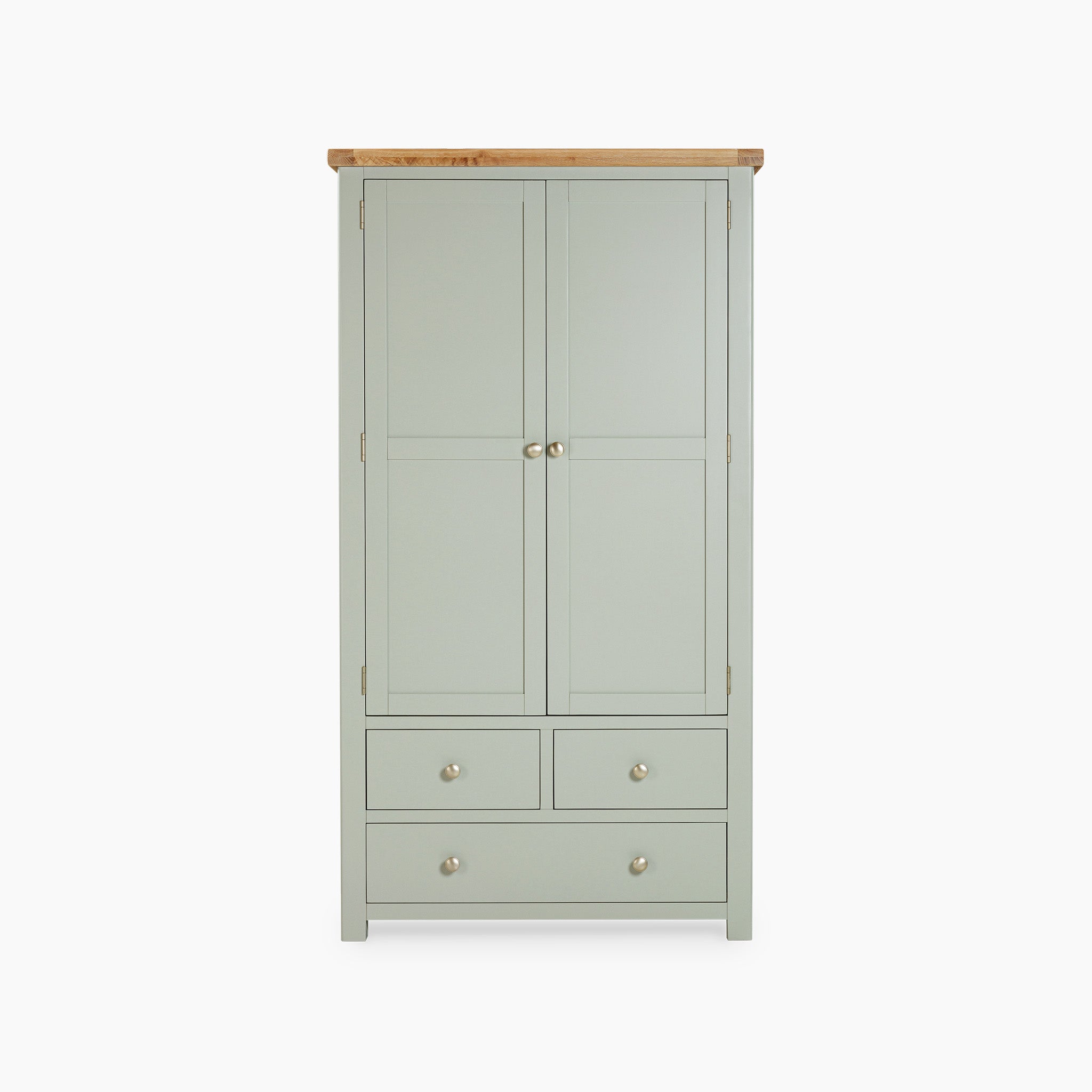 The Burford Double Larder Unit in Sage Green showcases a tall wardrobe with a natural oak top and four drawers. Its sophisticated design includes two doors with round knobs, perfectly combining style and practicality.