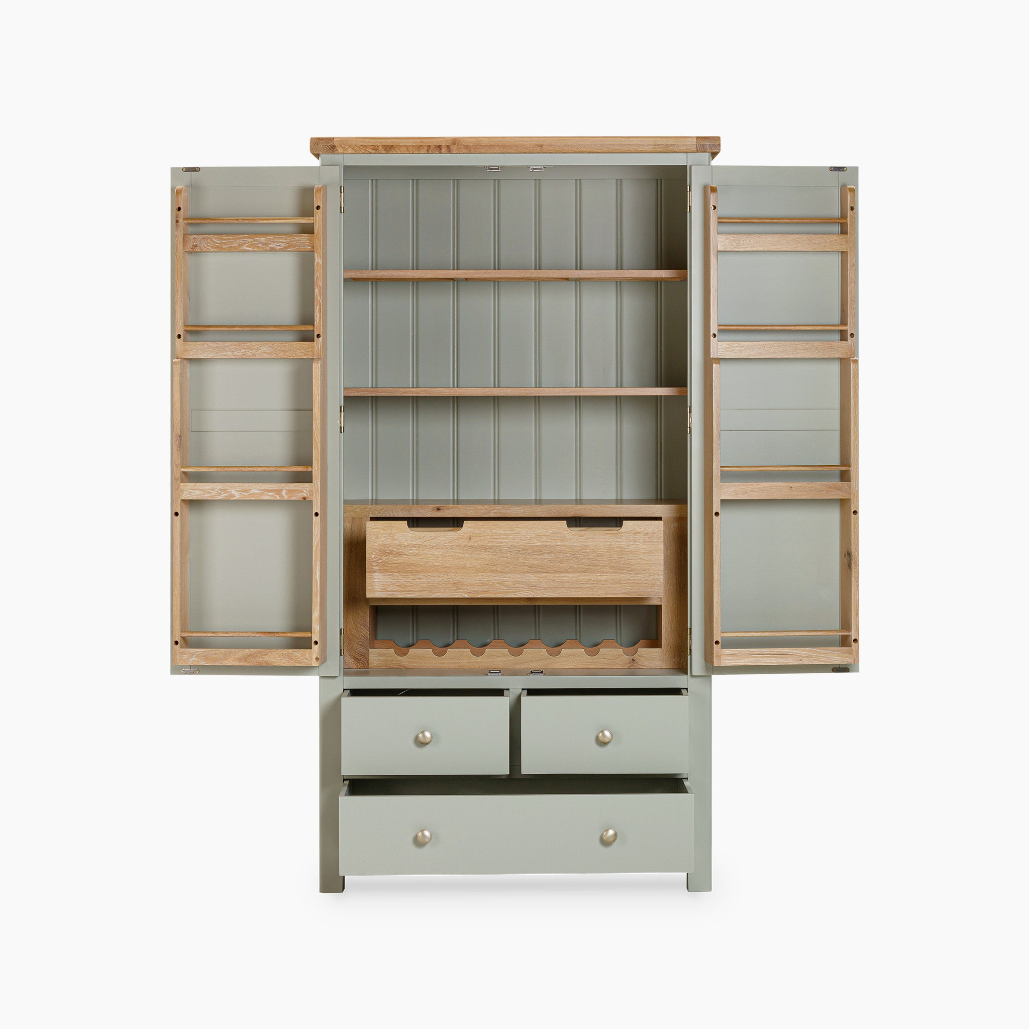 Meet the Burford Double Larder Unit in Sage Green: a sophisticated open wooden cabinet featuring shelves, a wine rack, and drawers. Its soothing Sage Green finish and natural wood accents beautifully enhance its oak undertones, making it an ideal choice for infusing classic charm into your space.