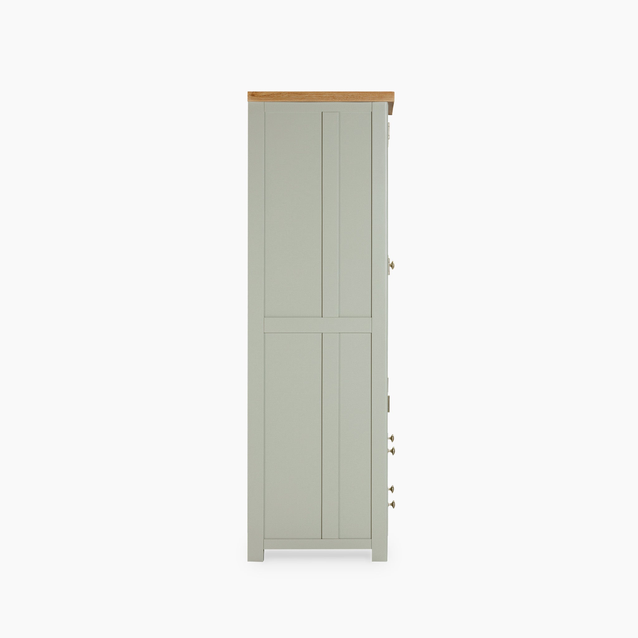 Side view of the Burford Double Larder Unit in Sage Green, featuring a tall, narrow cabinet with a natural oak top on a white background.