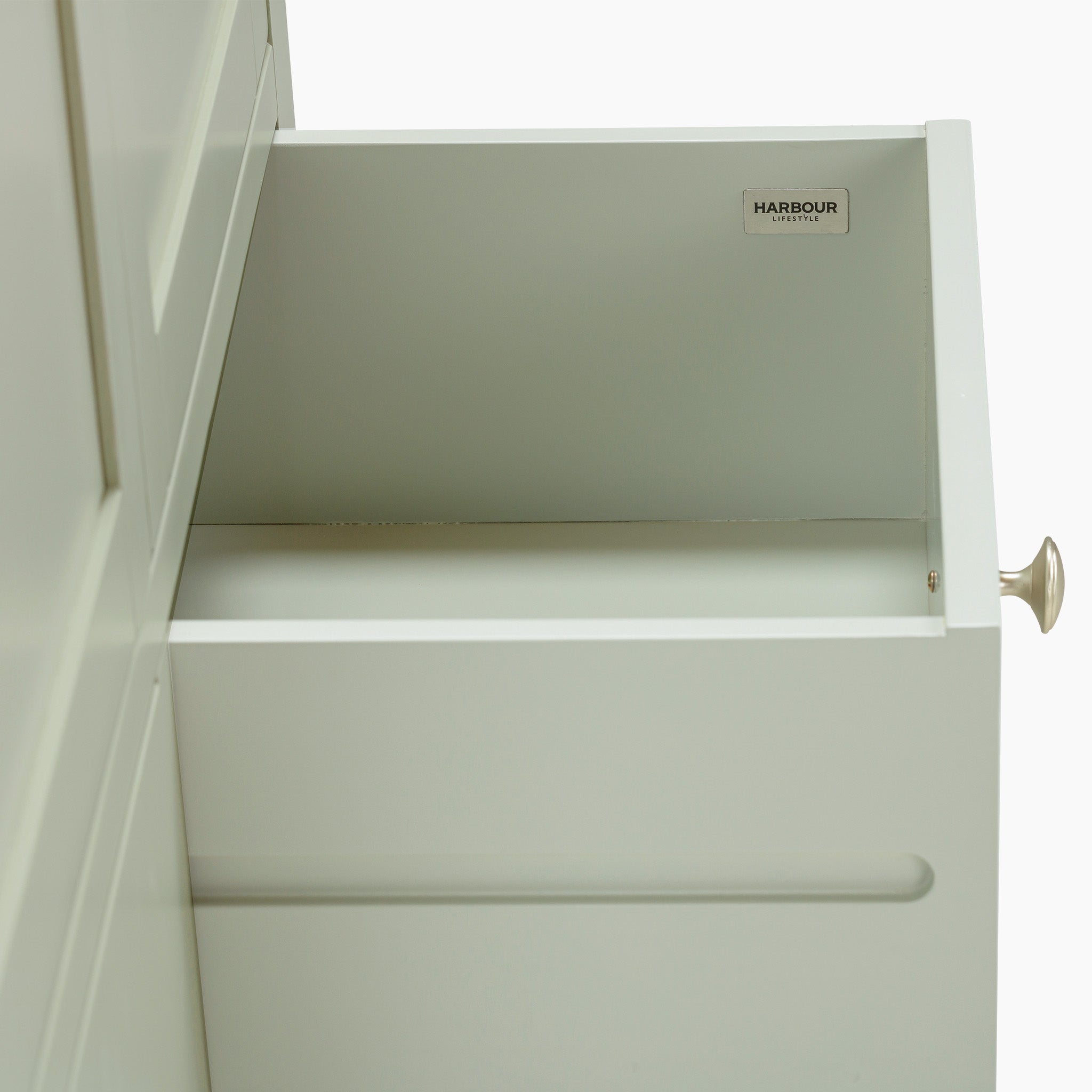 Open the white drawer with a brass knob, attached to a sage green cabinet labeled "HARBOUR," part of the elegant Burford Double Larder Unit.