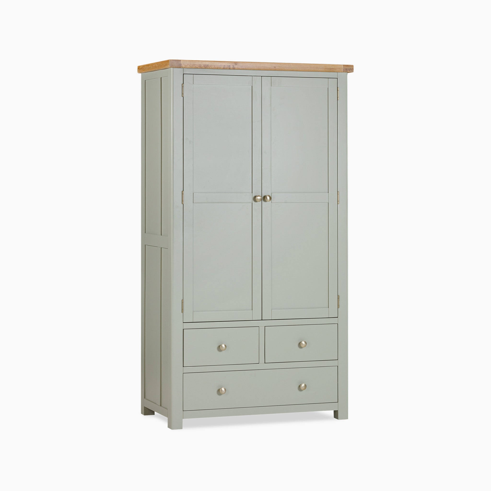 Introducing the Burford Double Larder Unit in Sage Green: a tall wardrobe with two doors, four drawers, a natural oak top, and elegant silver knobs.