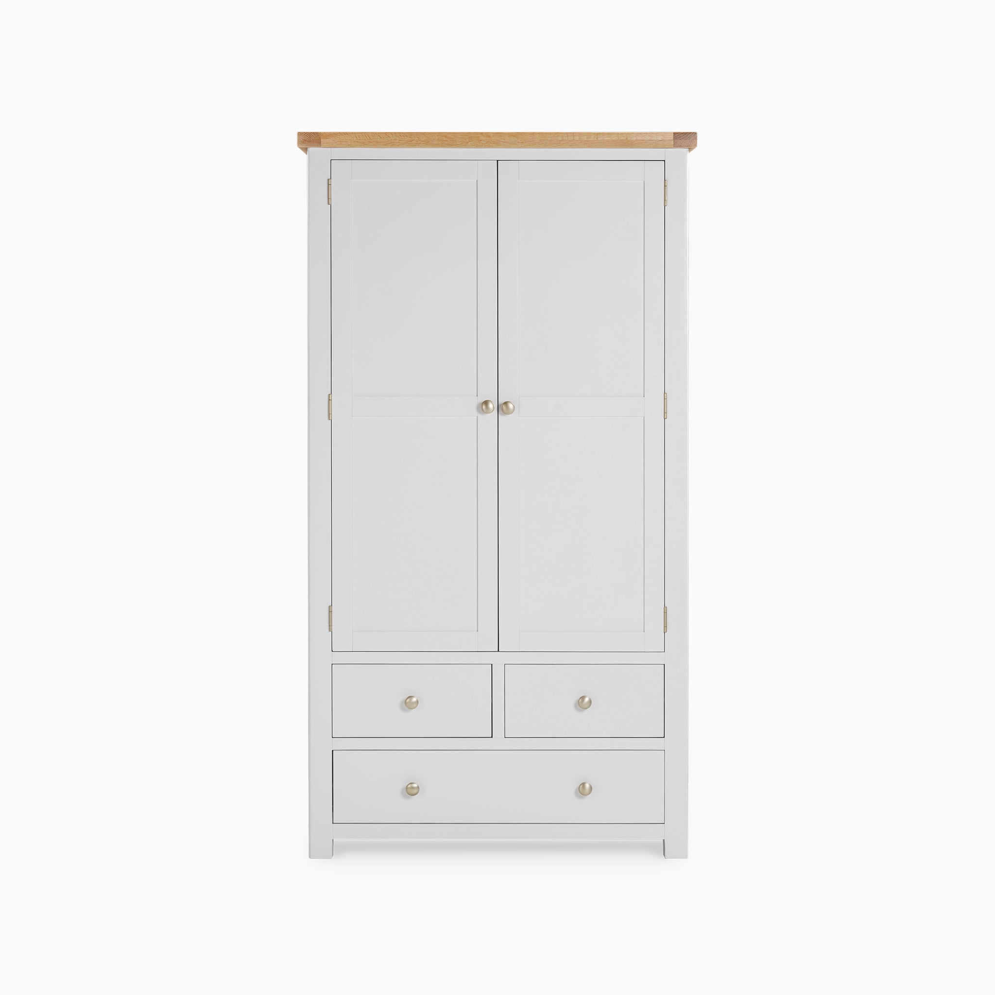 The Burford Double Larder Unit in Warm White is a wooden wardrobe with two doors and four drawers, featuring a natural oak top and round knobs, ideal for enhancing storage and organization.