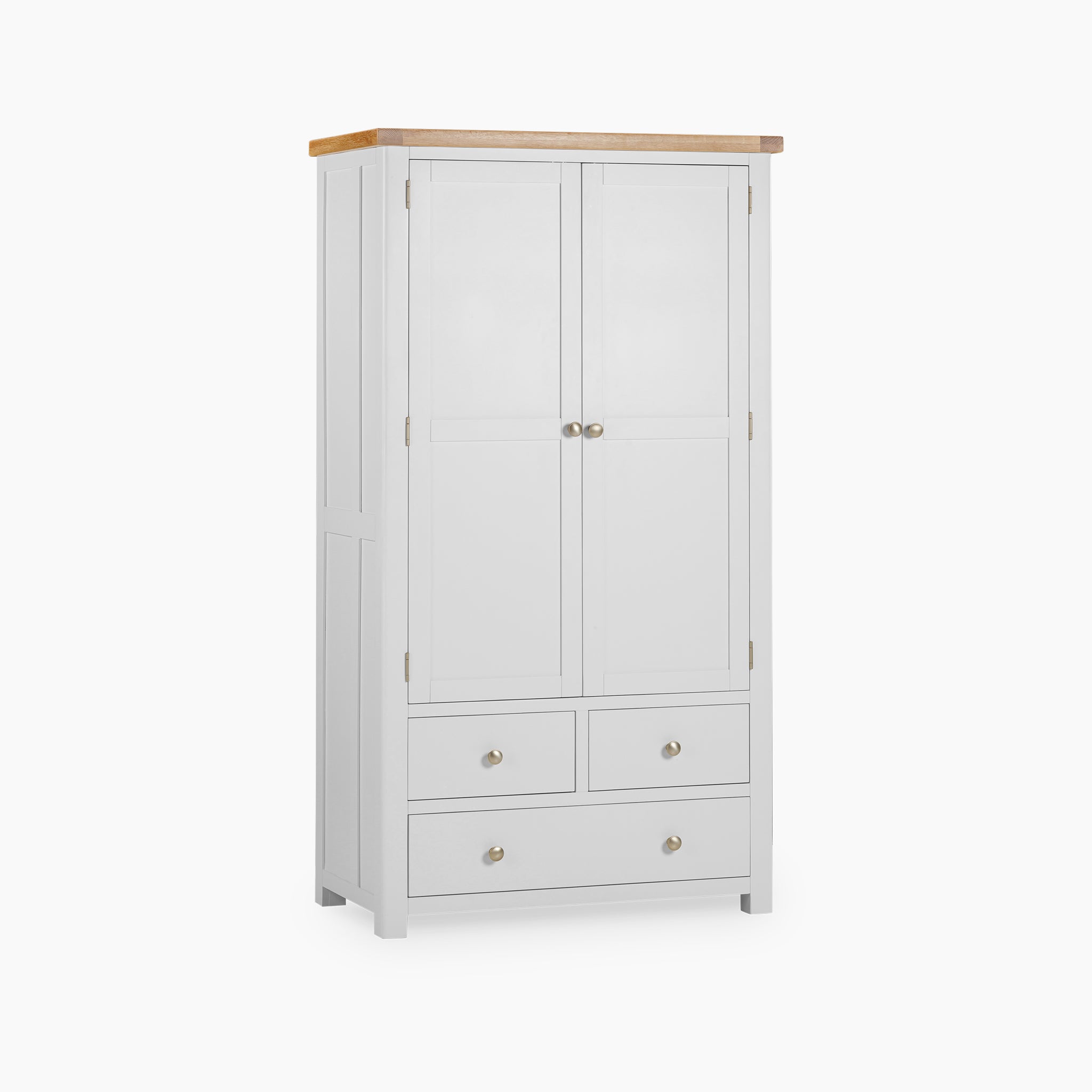 The Burford Double Larder Unit in Warm White offers a delightful white wardrobe accented with a natural oak top, ideal for storage and organization. It includes two doors and three drawers with elegant metal knobs, combining style and functionality.