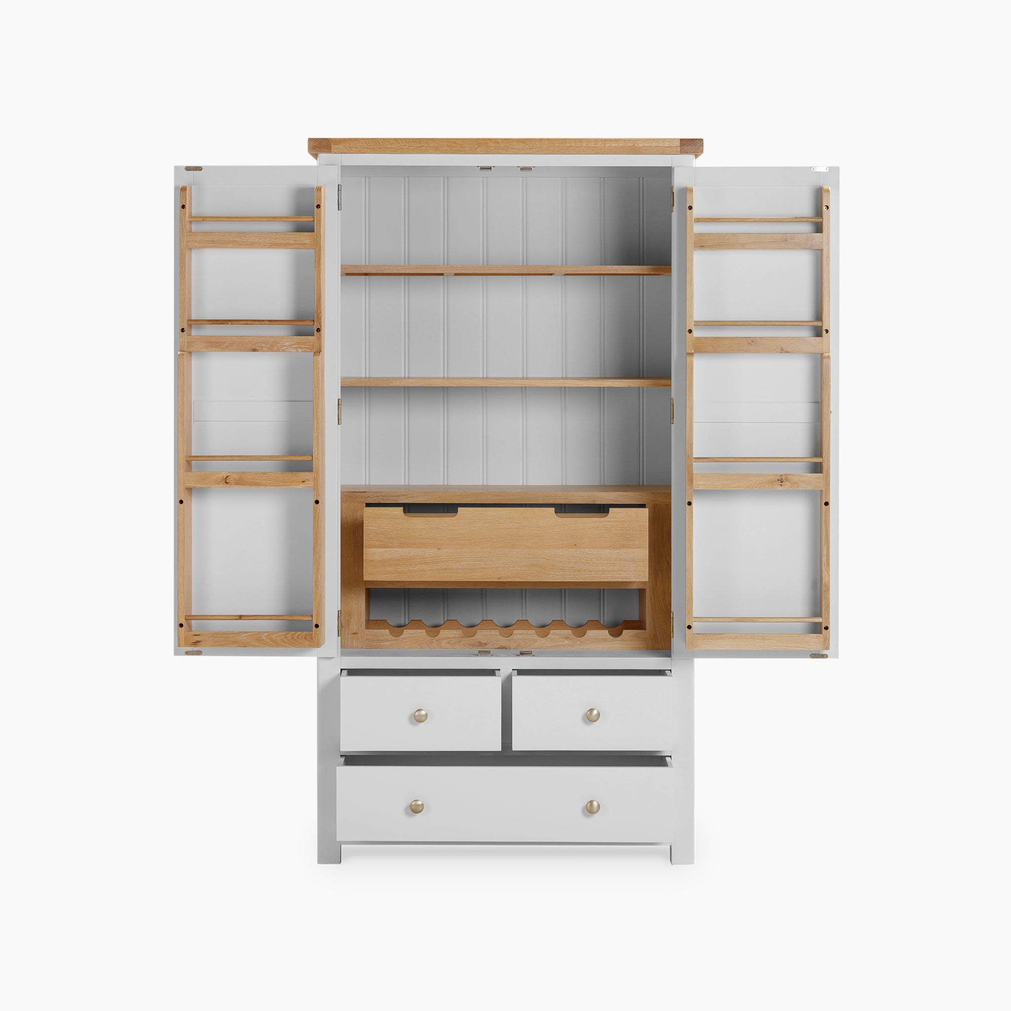 Introducing the Burford Double Larder Unit in Warm White, an exquisite piece crafted for style and practicality. This open wooden cabinet features drawers, a wine rack, and storage shelves, making it ideal for all your storage and organization needs.