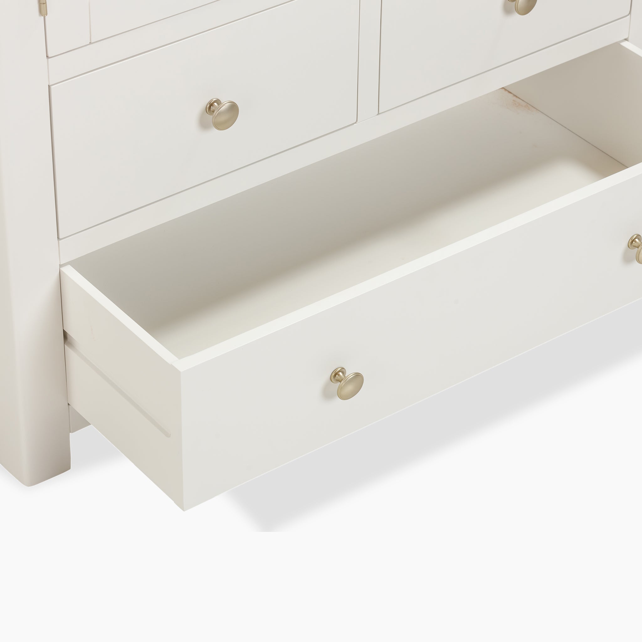 Burford Double Larder Unit in Warm White, designed with a natural oak finish and equipped with an open drawer and brass knobs for stylish storage and organization.