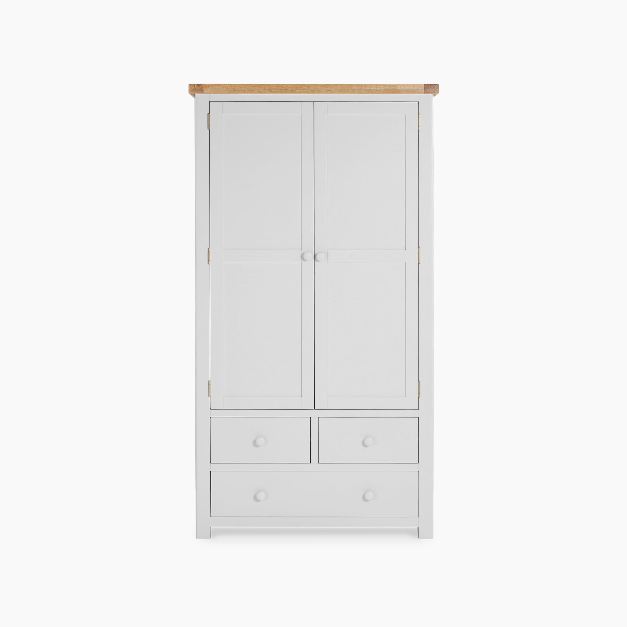 The Burford Double Larder Unit in Warm White is a wardrobe with a natural oak top, featuring two doors and three drawers for efficient storage and organization on a plain background.