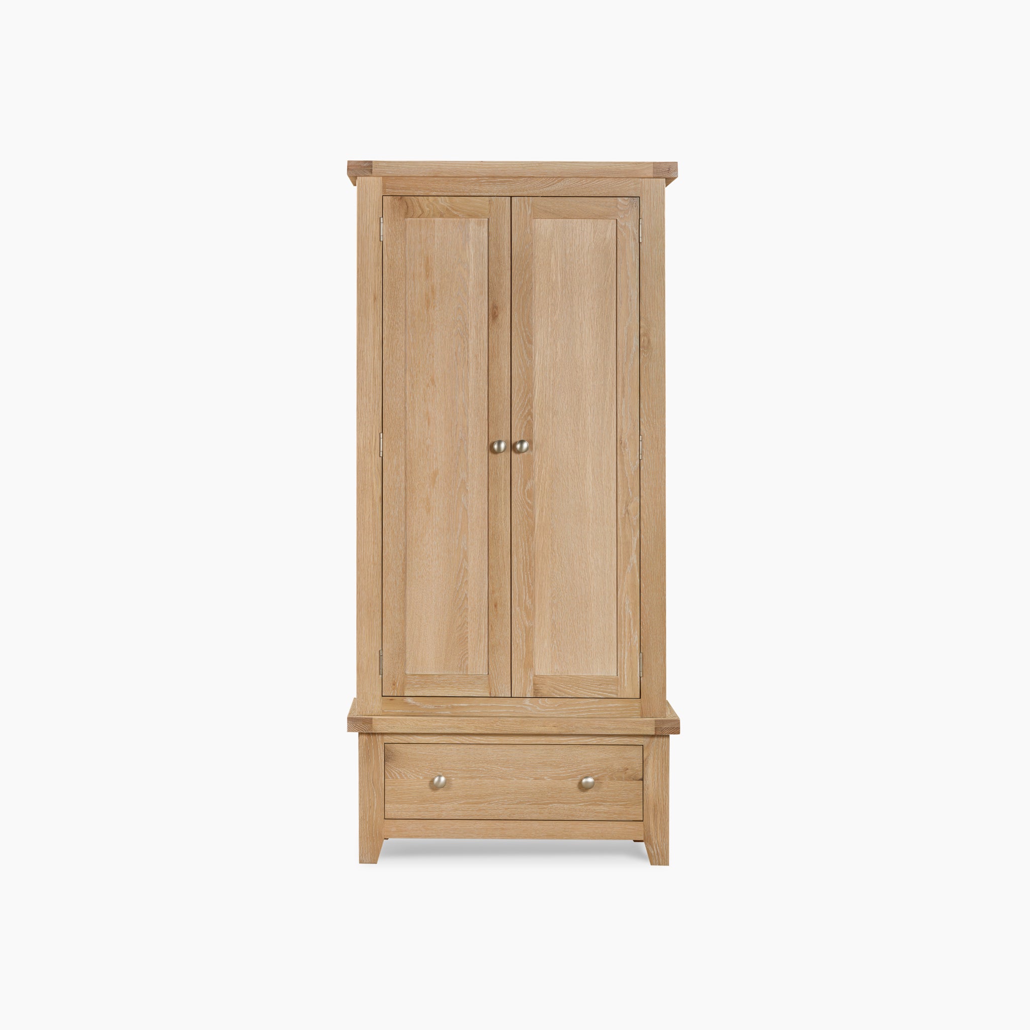 The Burford Double Wardrobe with Drawer in Natural Oak showcases double doors and a bottom drawer, adorned with simple metal handles, all set against a white background.