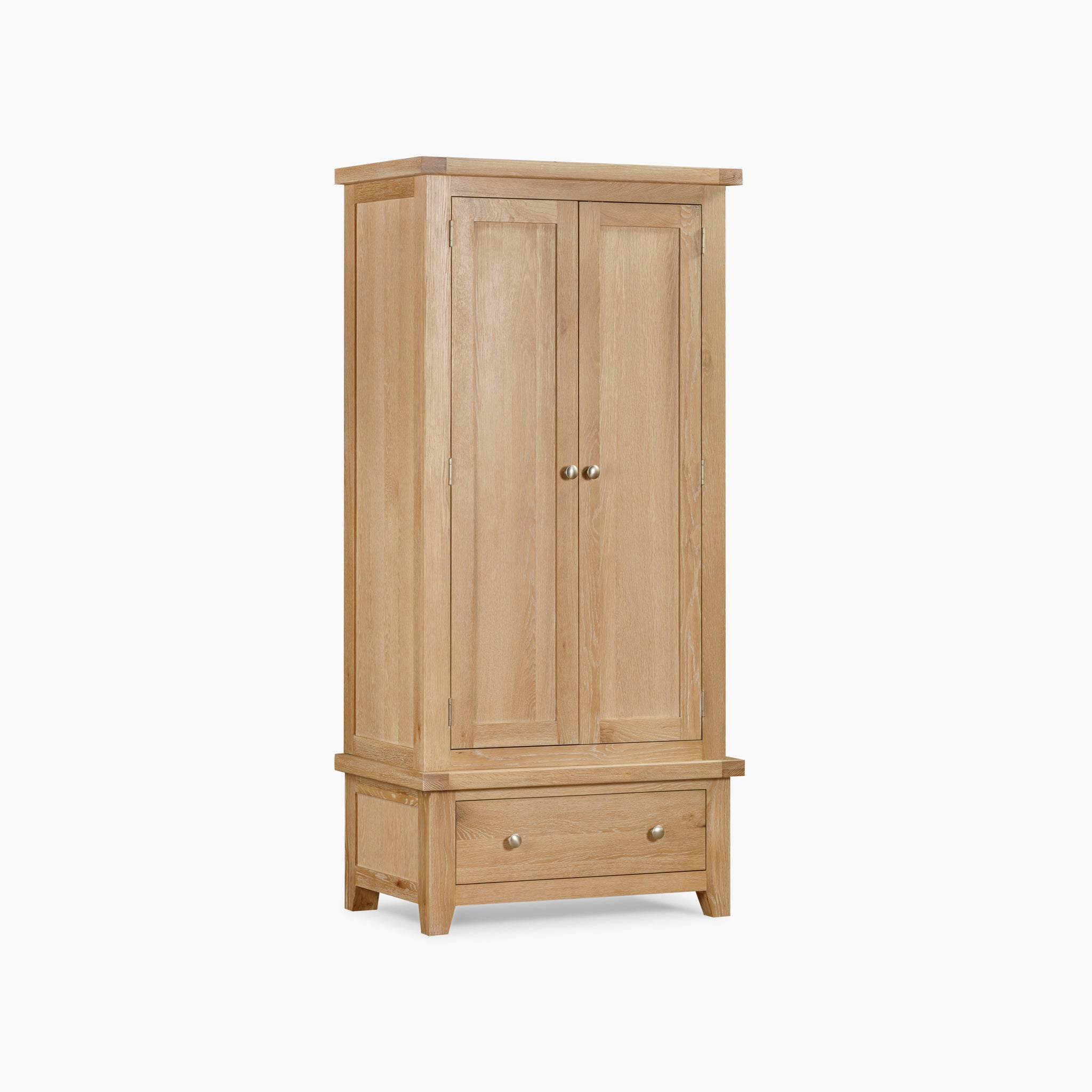 The Burford Double Wardrobe with Drawer in Natural Oak is a tall piece featuring double doors, a bottom drawer, a light oak finish, and round metal handles.