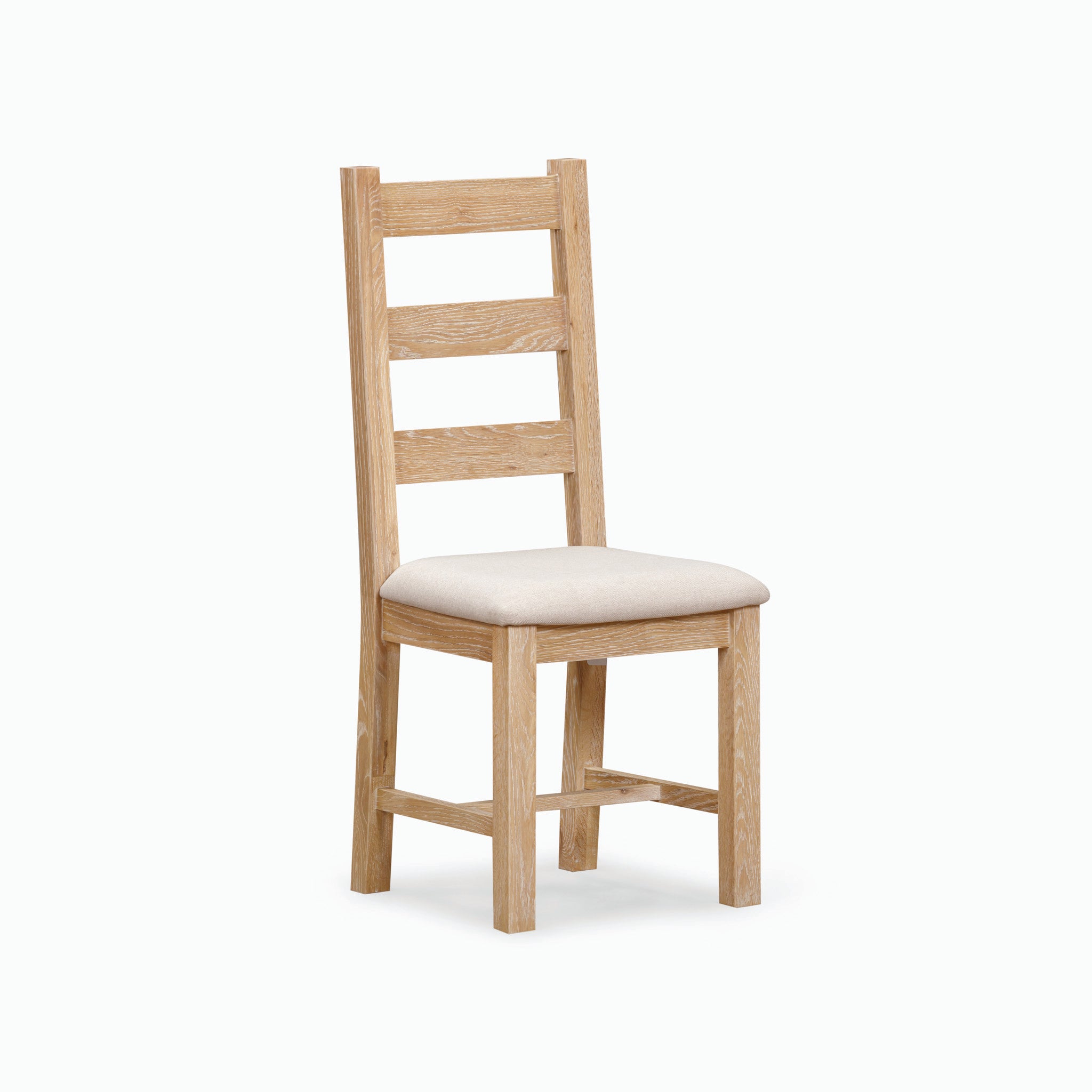 The Burford Ladderback Dining Chairs with Fabric Seat in Natural Oak boast a classic ladder back design and a padded, upholstered fabric seat, set against a plain white background.