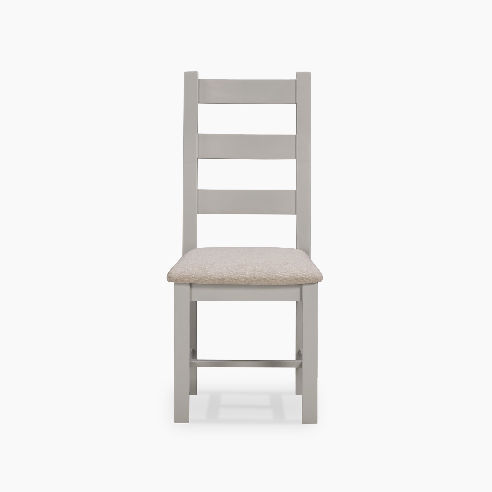 Front view of the Burford Set of 2 Ladderback Dining Chairs, made from natural oak with a fabric seat in pebble grey, set against a white background.