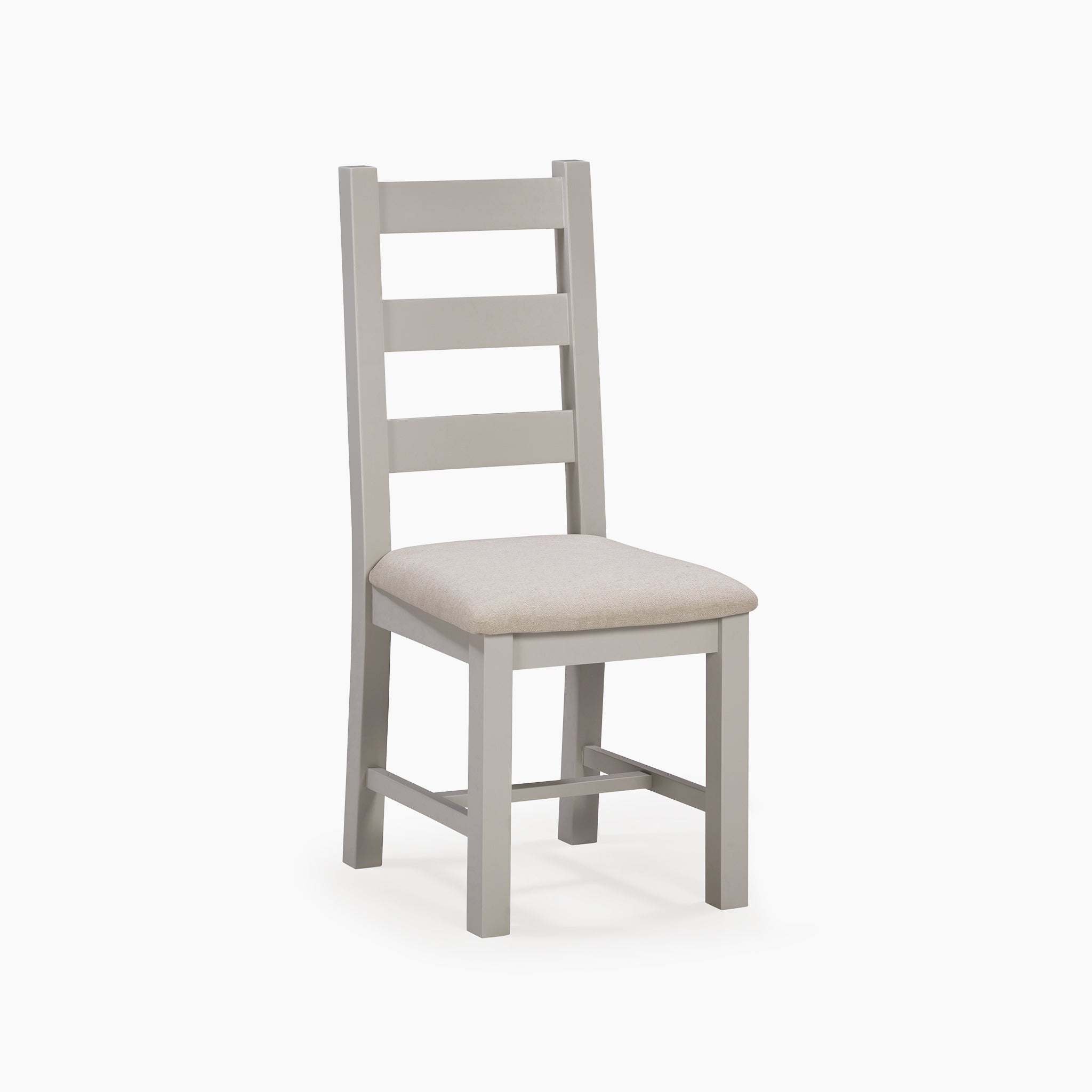 The Burford Set of 2 Ladderback Dining Chairs with Fabric Seat in Pebble Grey showcases a natural oak finish highlighted by a pebble grey fabric seat and a crisp white background.