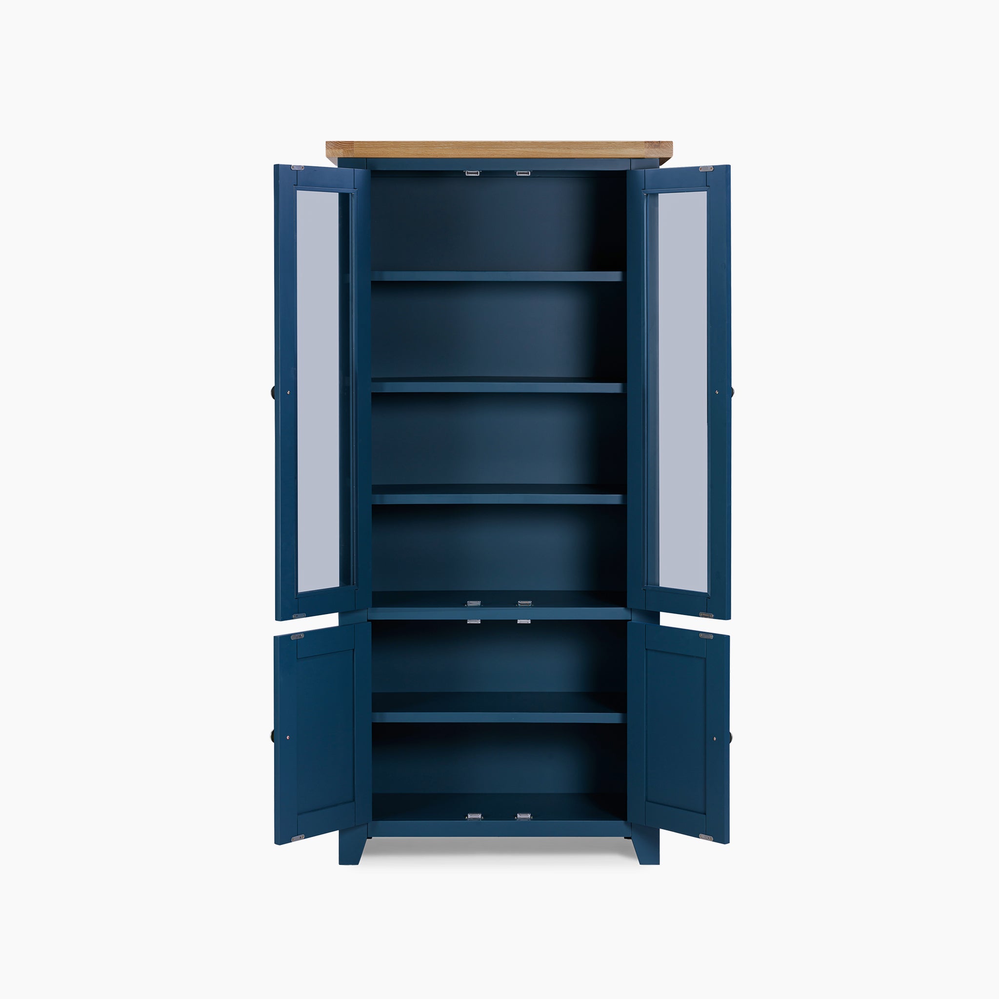 Introducing the Burford Display Cabinet in Navy Blue, a magnificent tall wooden piece with glass-paneled doors. It is beautifully complemented by a natural oak top and includes five expansive shelves to elegantly display your treasures.