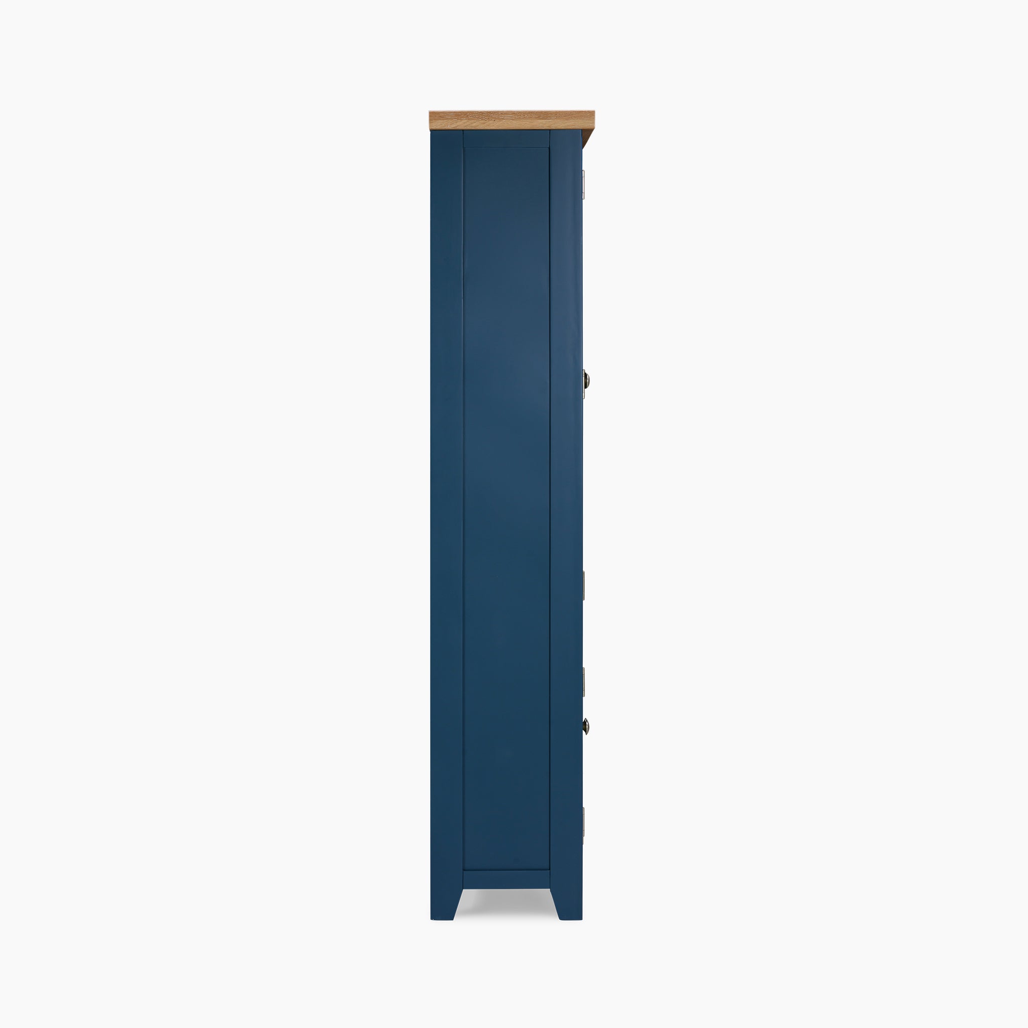 Side view of the Burford Display Cabinet in Navy Blue, featuring a natural oak top, set against a white background.