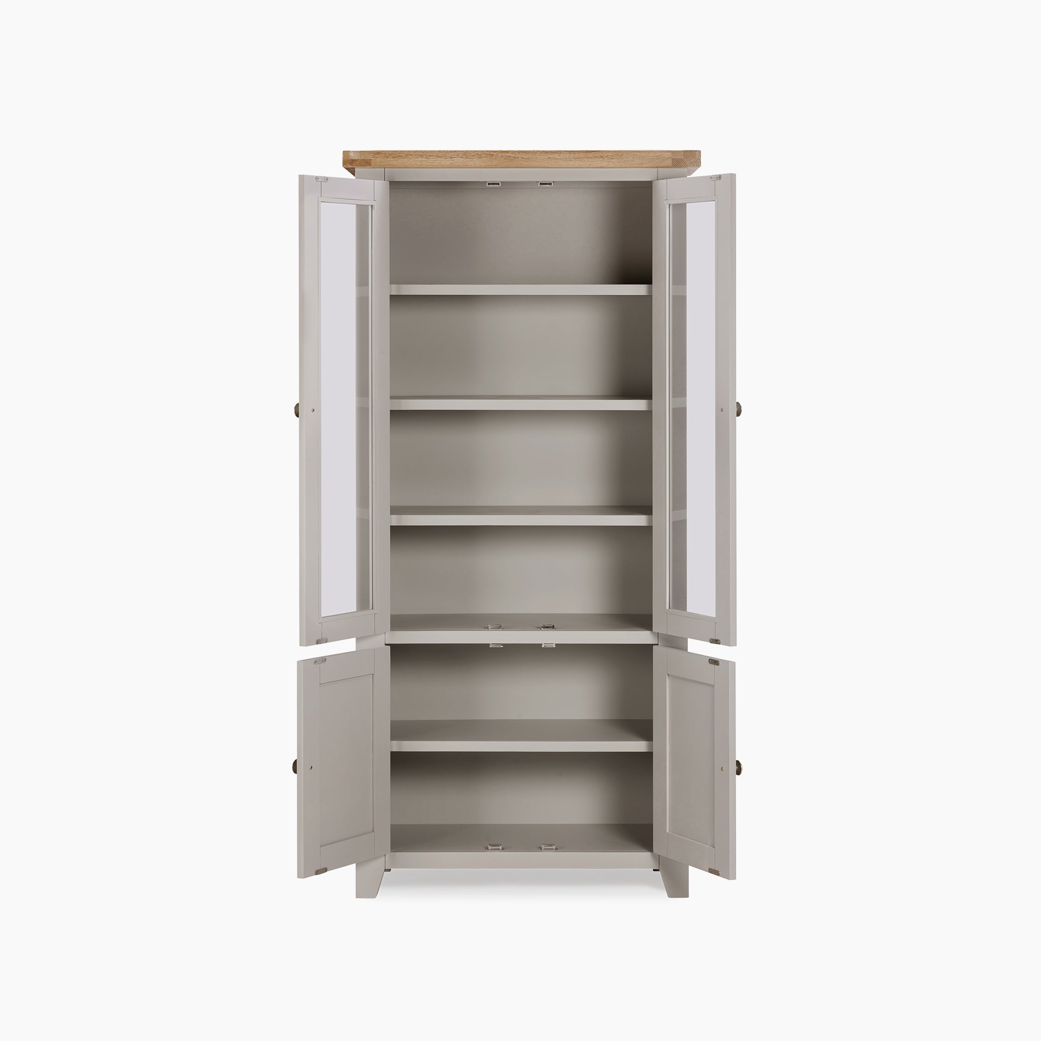 The Burford Display Cabinet in Pebble Grey showcases tall glass-panelled doors that open to reveal five interior shelves. Its elegant design is accentuated by a natural oak wood top, providing both style and functionality for any room.