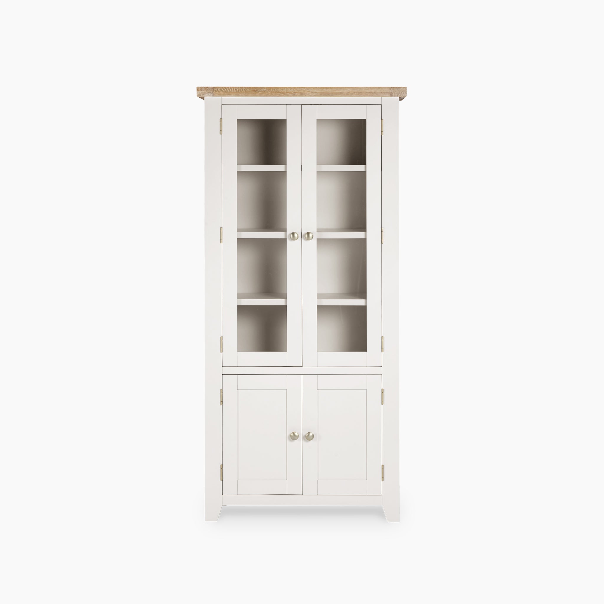 Burford Display Cabinet in Warm White with glass-panelled upper doors and natural oak solid wood lower doors, featuring four shelves.