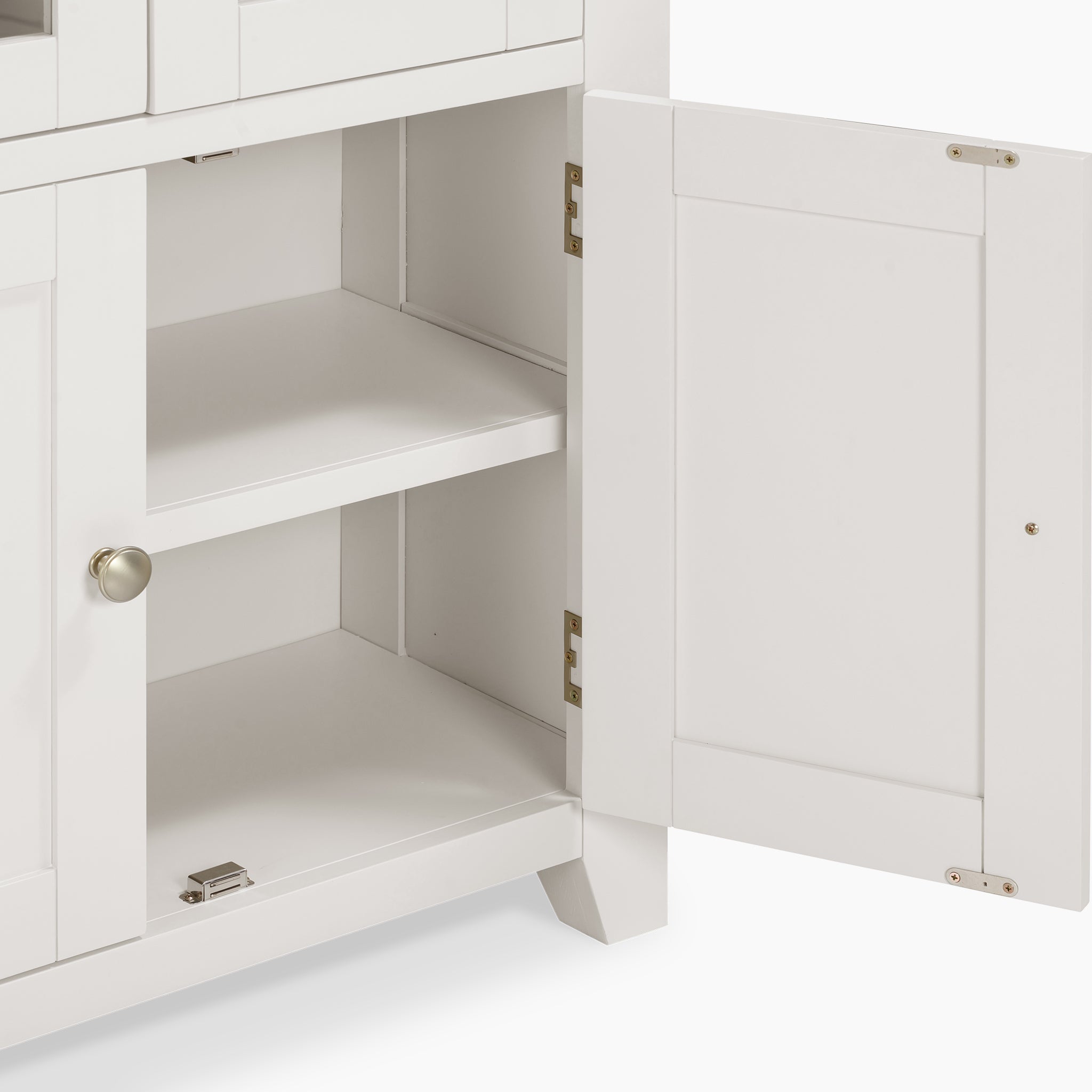 Burford Display Cabinet in Warm White featuring two shelves and a door with an elegant silver knob, complemented by stylish glass-paneled doors.