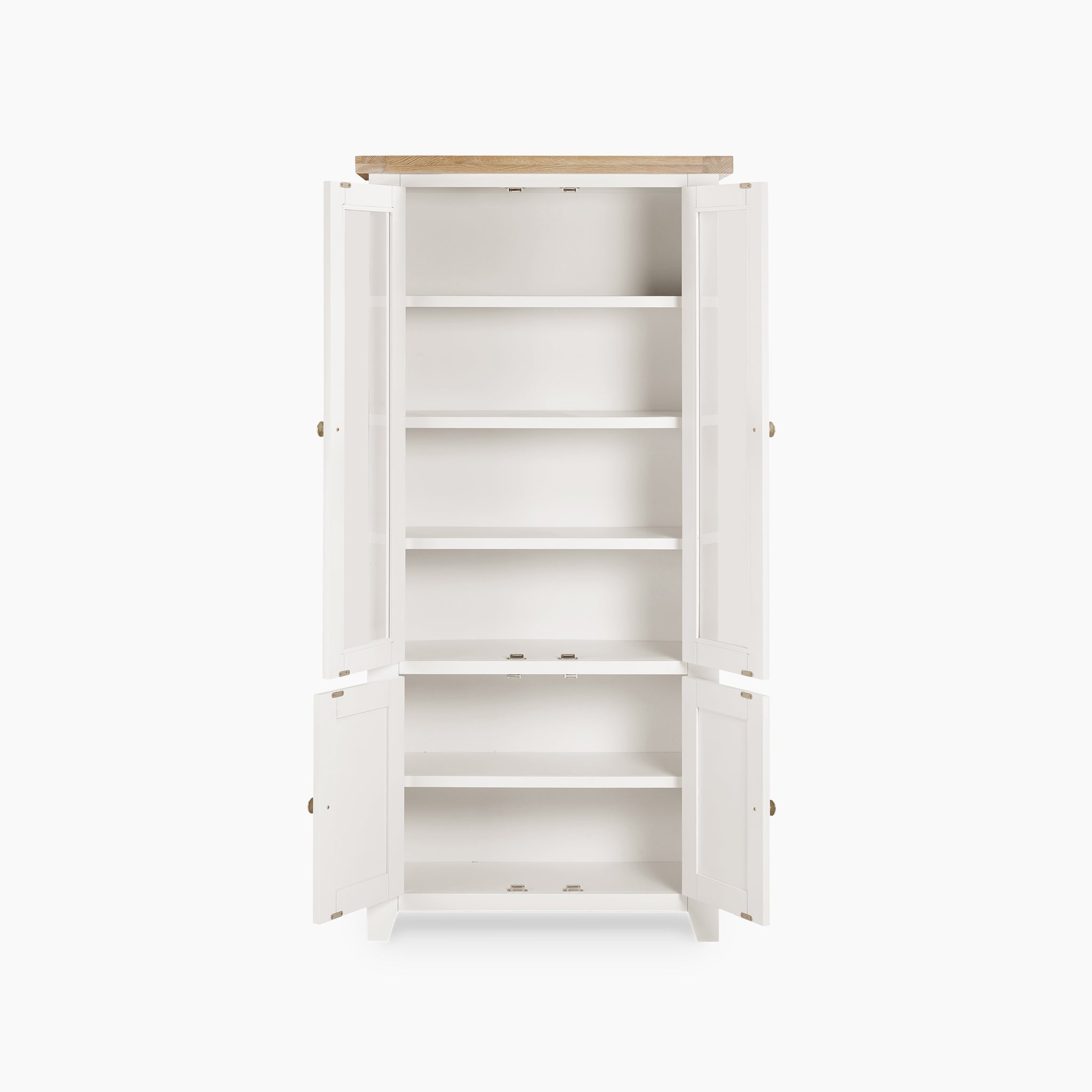 Burford Display Cabinet in Warm White featuring glass-paneled doors, a natural oak top, and multiple shelves.