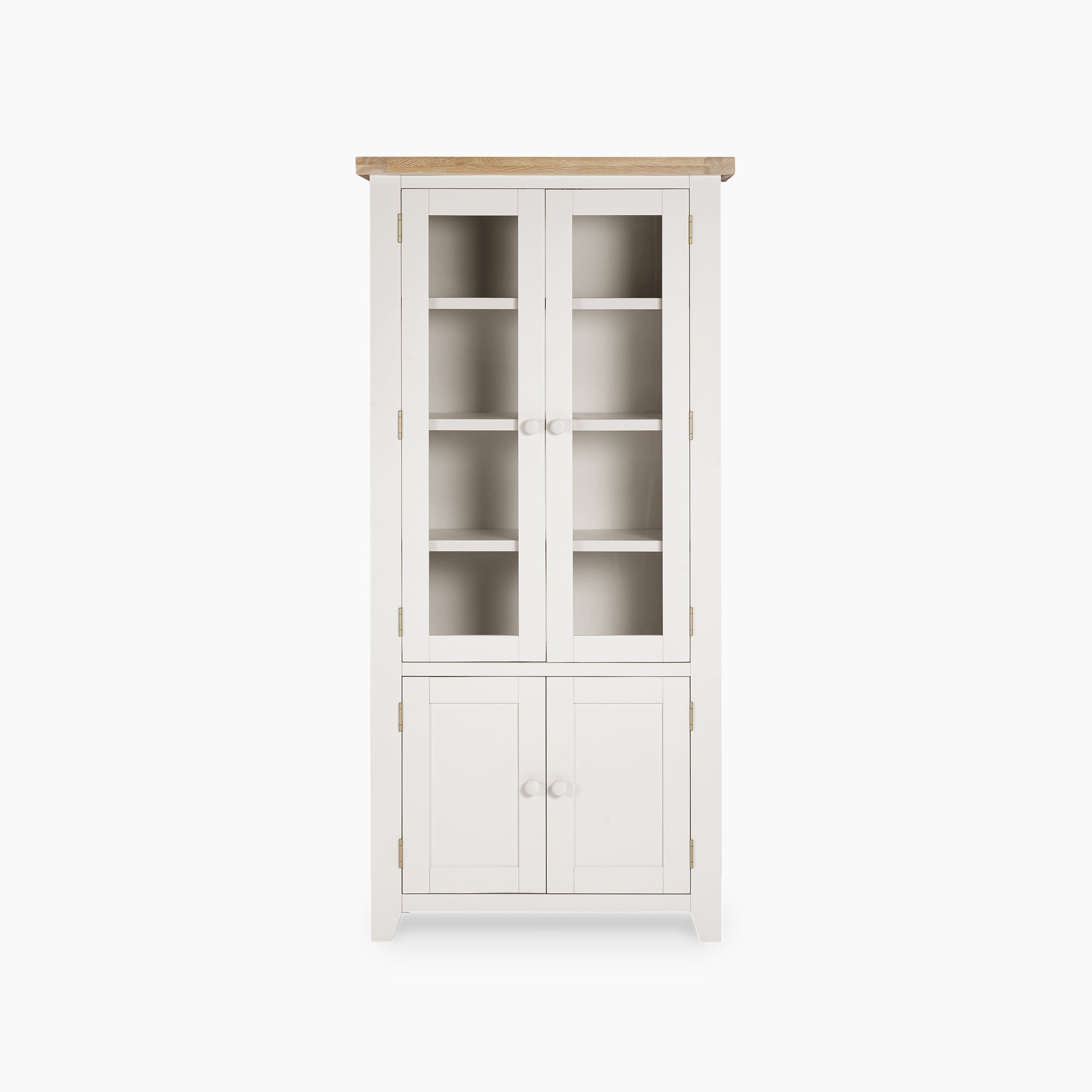 Burford Display Cabinet in Warm White showcasing elegant glass-paneled top doors and robust solid bottom doors, set against a plain background.