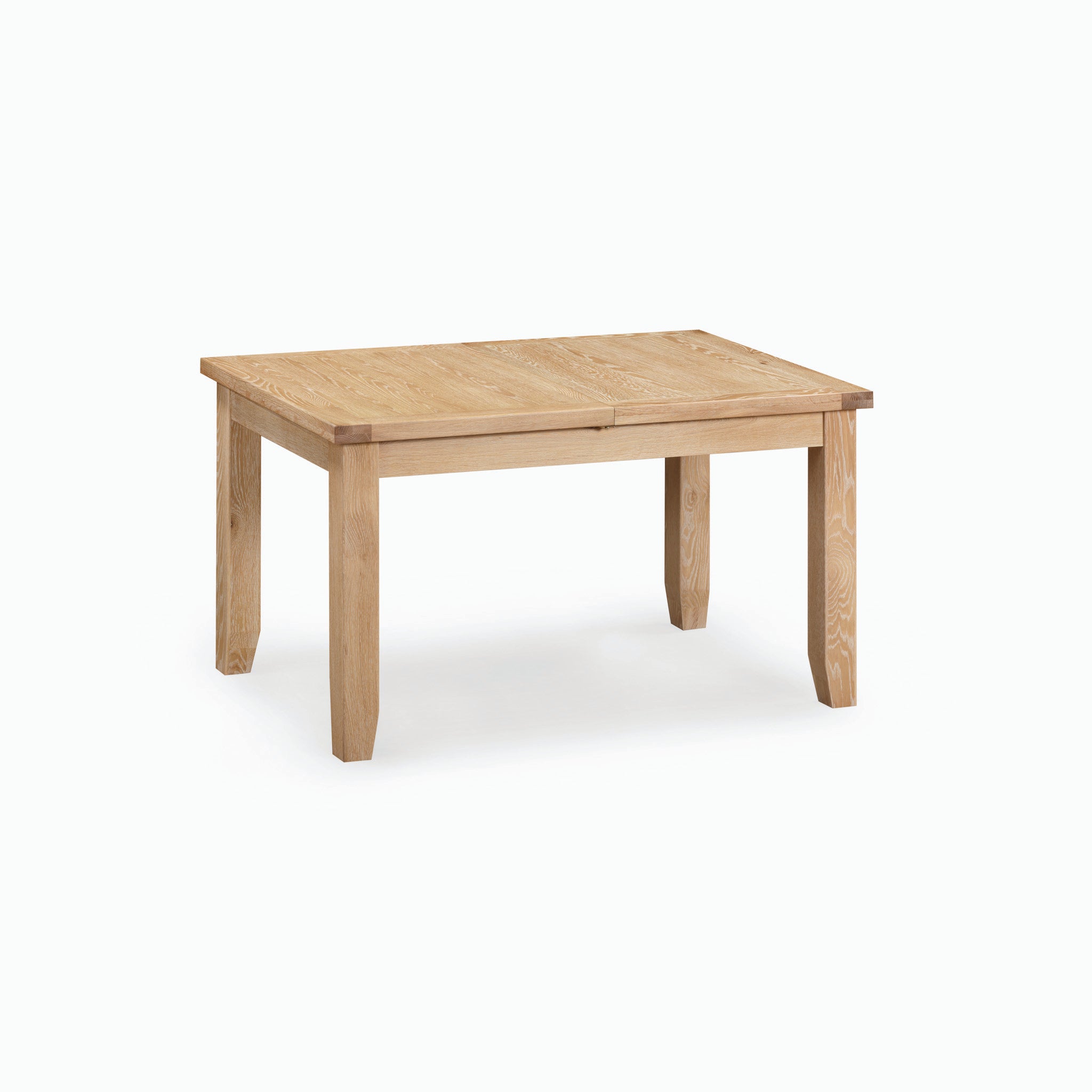 A wooden rectangular table with four legs, featuring a light natural finish and rustic touch, stands against a plain white background. Perfectly suited for any dining space, the Burford 4-6 Seater Extending Dining Table in Natural Oak embodies the charm of natural oak.