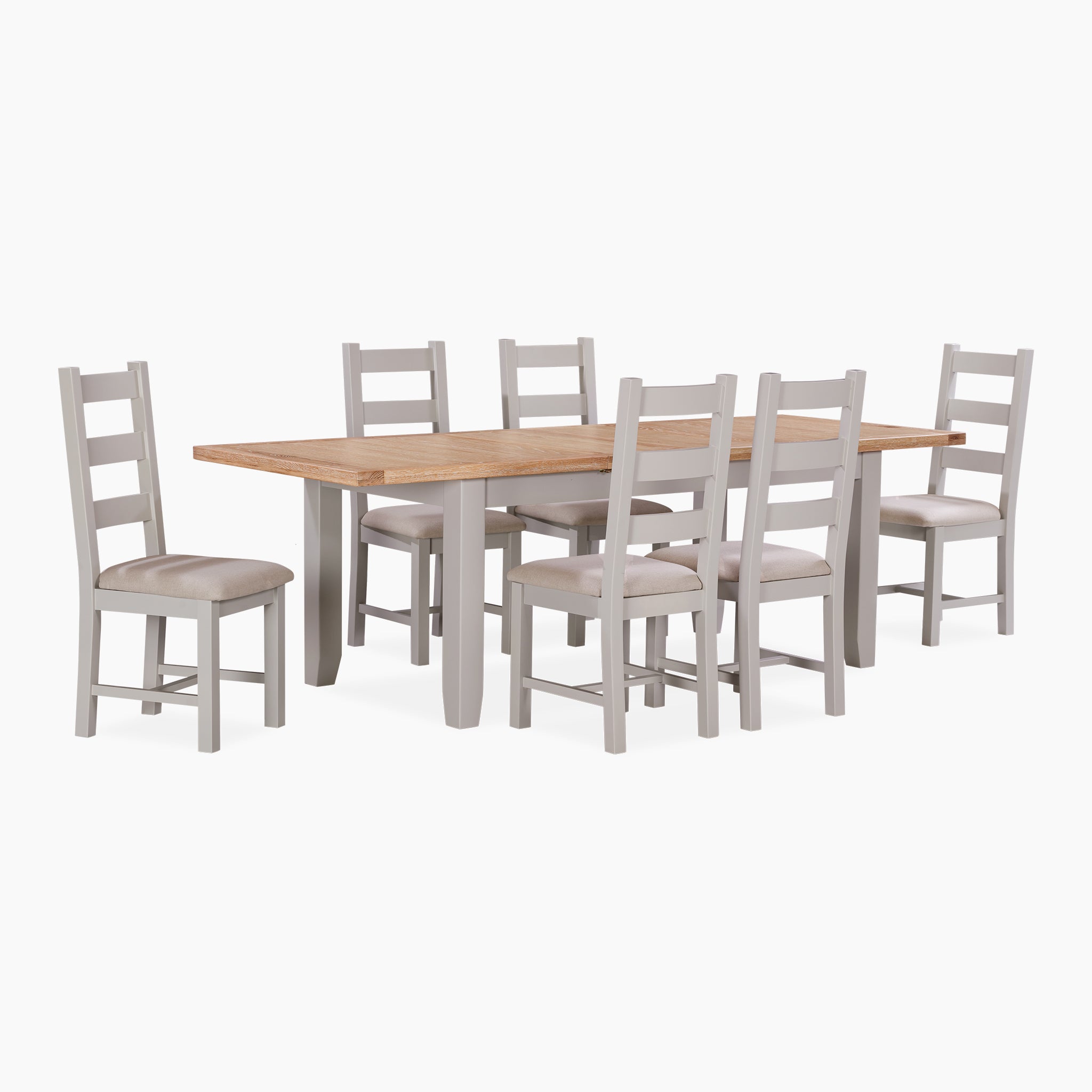 Burford 6-10 Seater Extending Dining Table in Pebble Grey with a natural oak top accompanied by six matching cushioned chairs.