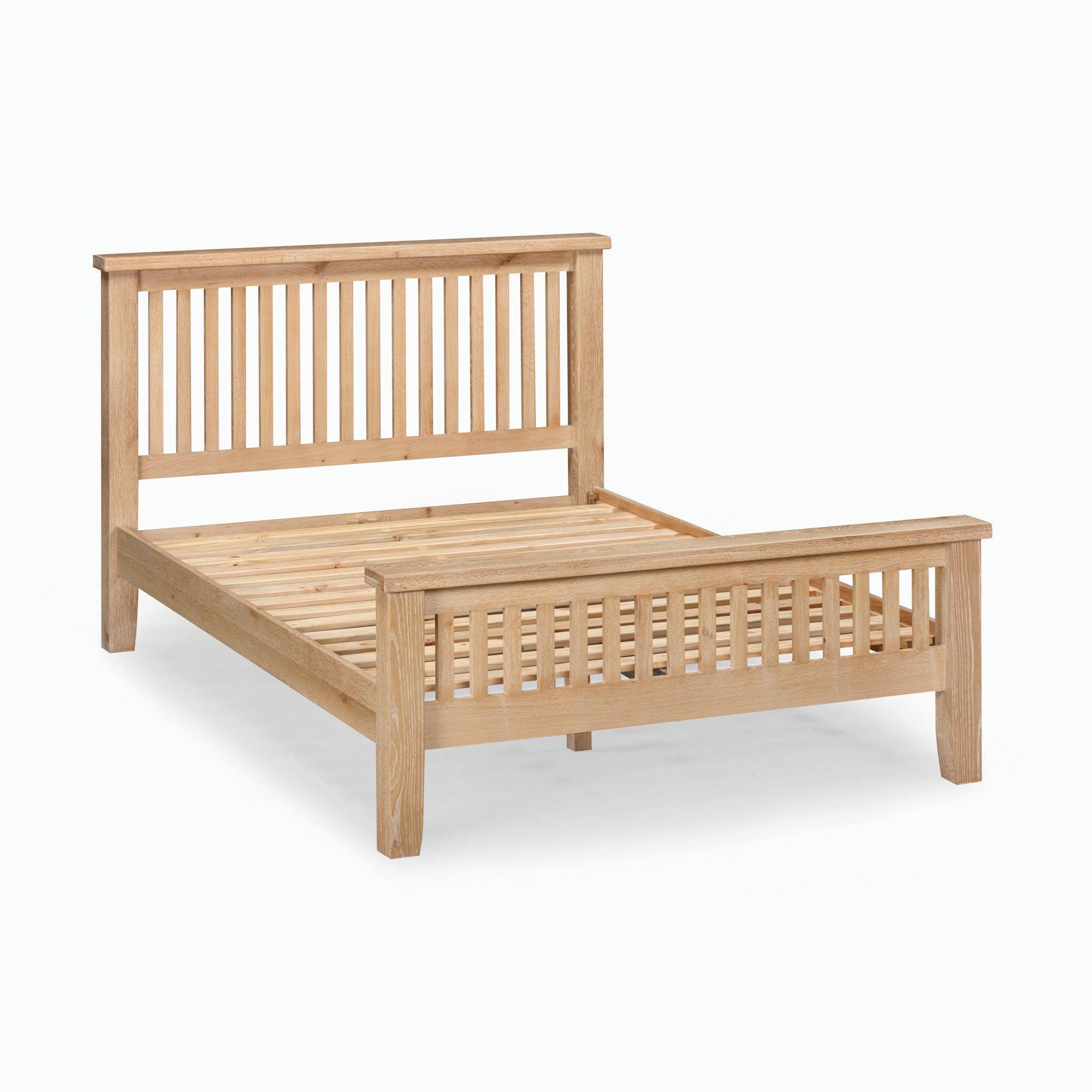 The Burford 5ft High-End Kingsize Bed Frame in Natural Oak, featuring vertical slats on its headboard and footboard, is elegantly showcased from an angle.