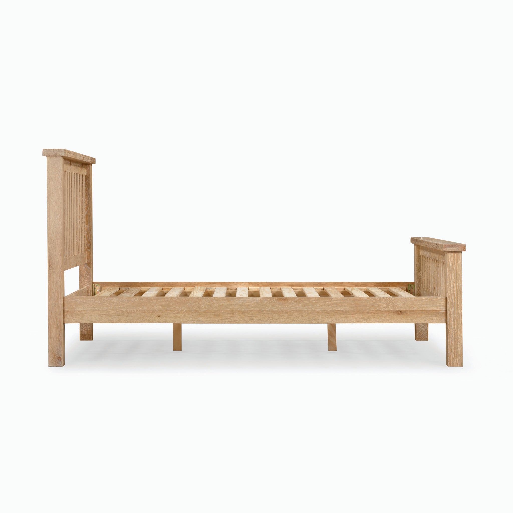 The Burford 5ft High-End Kingsize Bed Frame in Natural Oak includes a slatted support, headboard, and footboard, elegantly displayed against a white background.