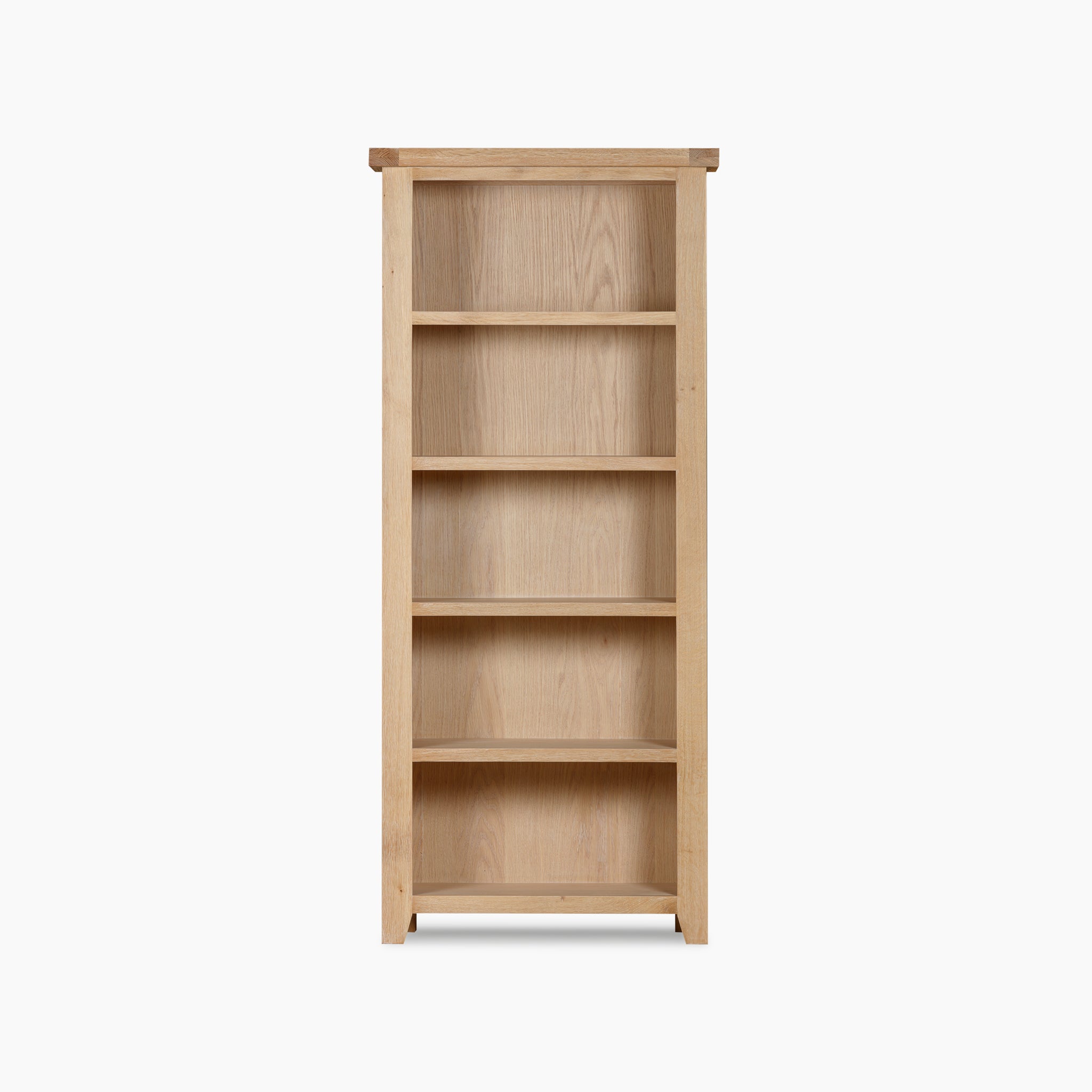 The Burford Large Bookcase in Natural Oak, standing tall with its five shelves, showcases a light natural finish and exudes contemporary elegance against a plain white background.