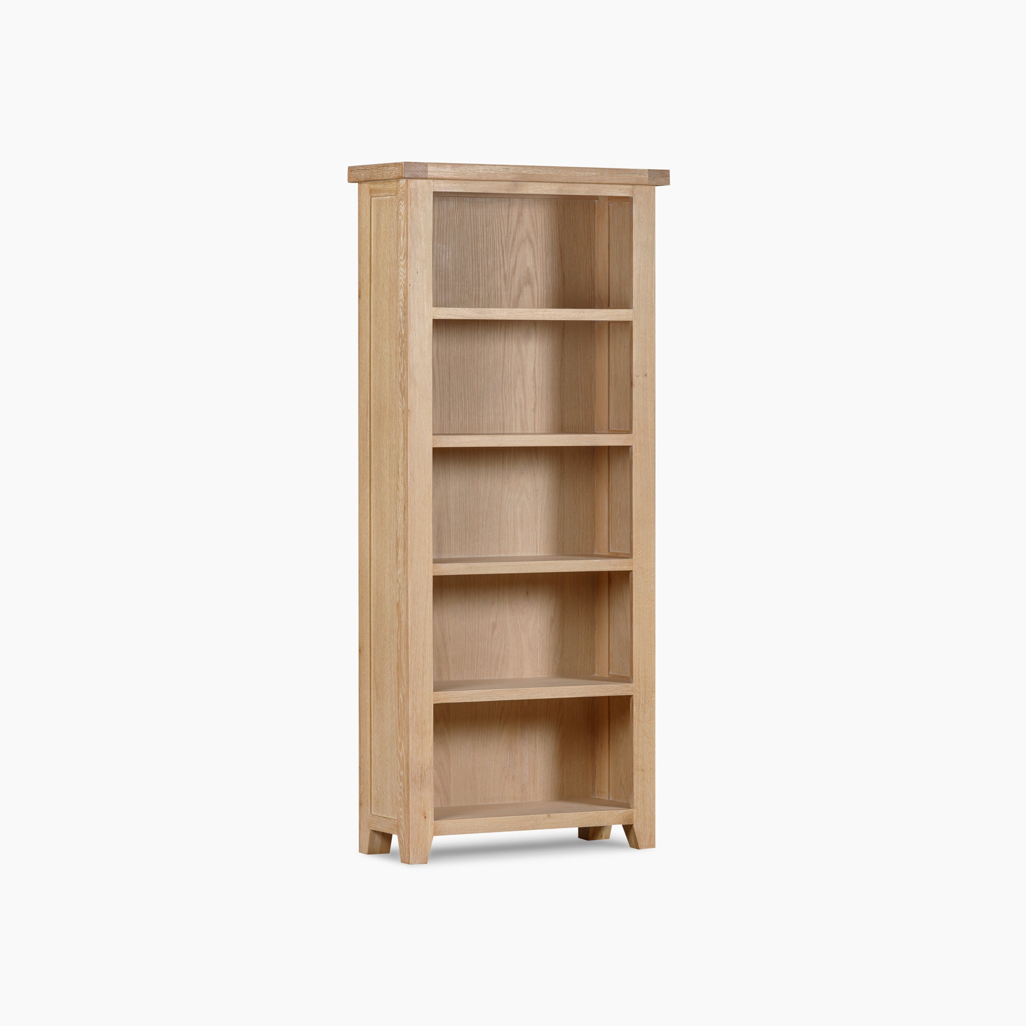 The Burford Large Bookcase in Natural Oak, featuring five spacious shelves, stands against a white background, exuding contemporary elegance and providing ample shelving space.