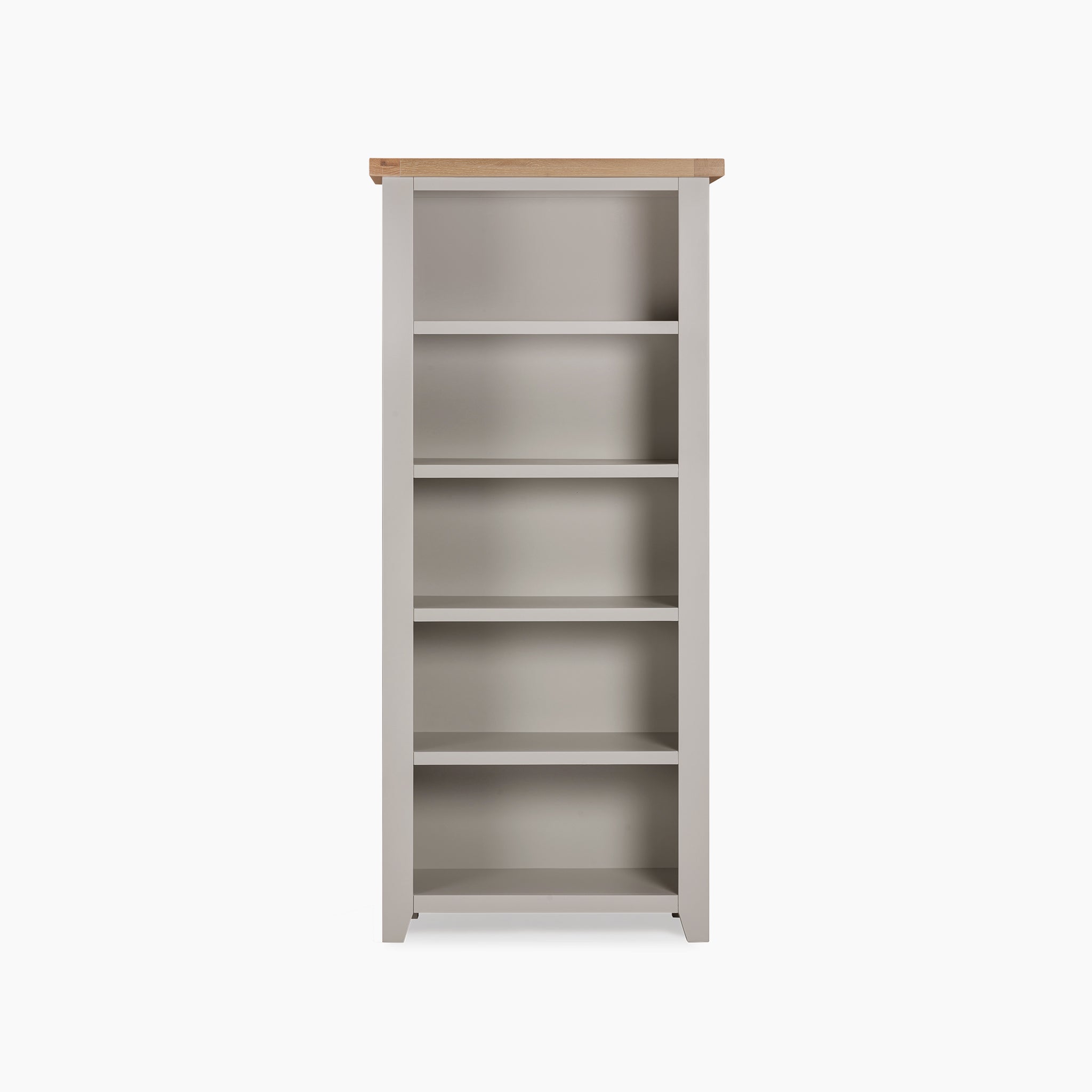 The Burford Large Bookcase in Pebble Grey provides generous shelving space with its five shelves, featuring a light gray finish and a natural oak top.