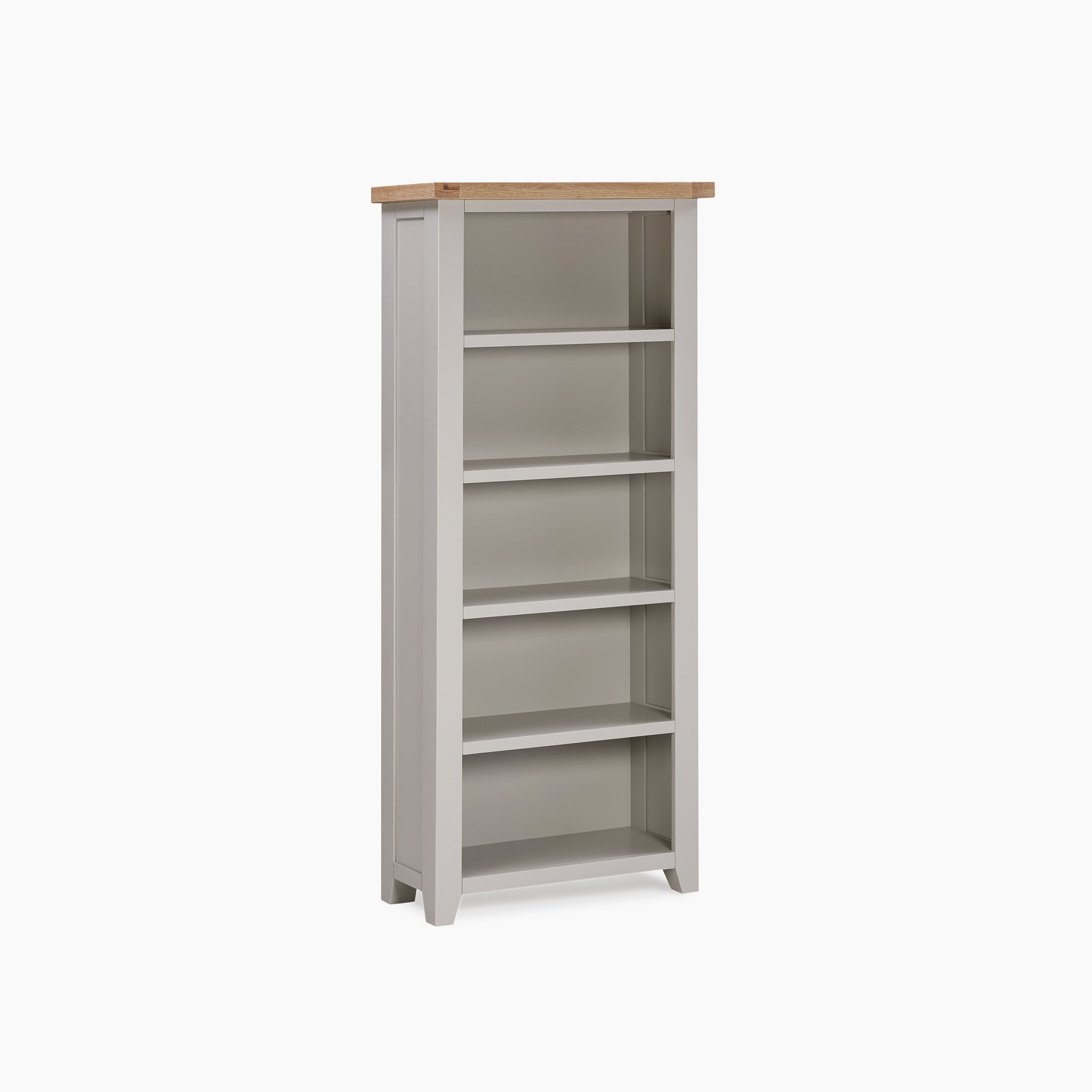 The Burford Large Bookcase in Pebble Grey is a tall, narrow wooden bookshelf featuring a light gray finish and natural oak top, providing ample shelving space with its five shelves.