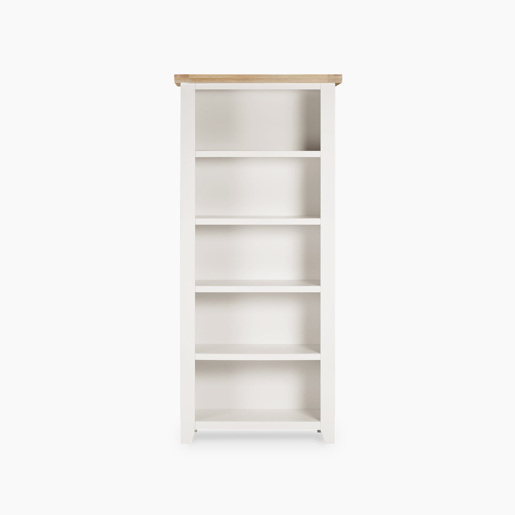 The Burford Large Bookcase in Warm White offers abundant shelving with its five empty shelves, complemented by a light wood top finished in natural oak.