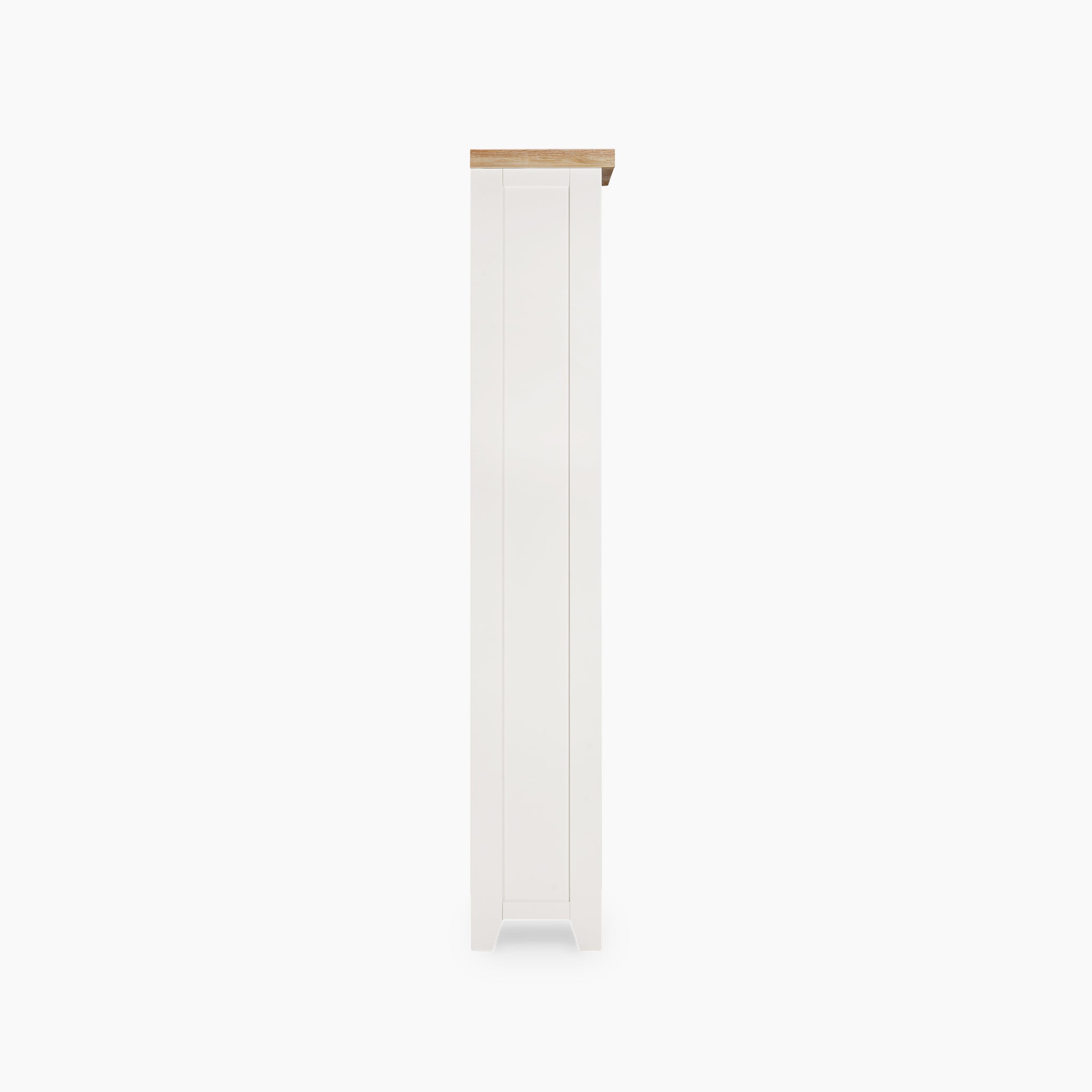 Side view of a tall, narrow cabinet in warm white with a light wooden top, similar to the Burford Large Bookcase in Warm White, featuring natural oak elements and ample shelving space.