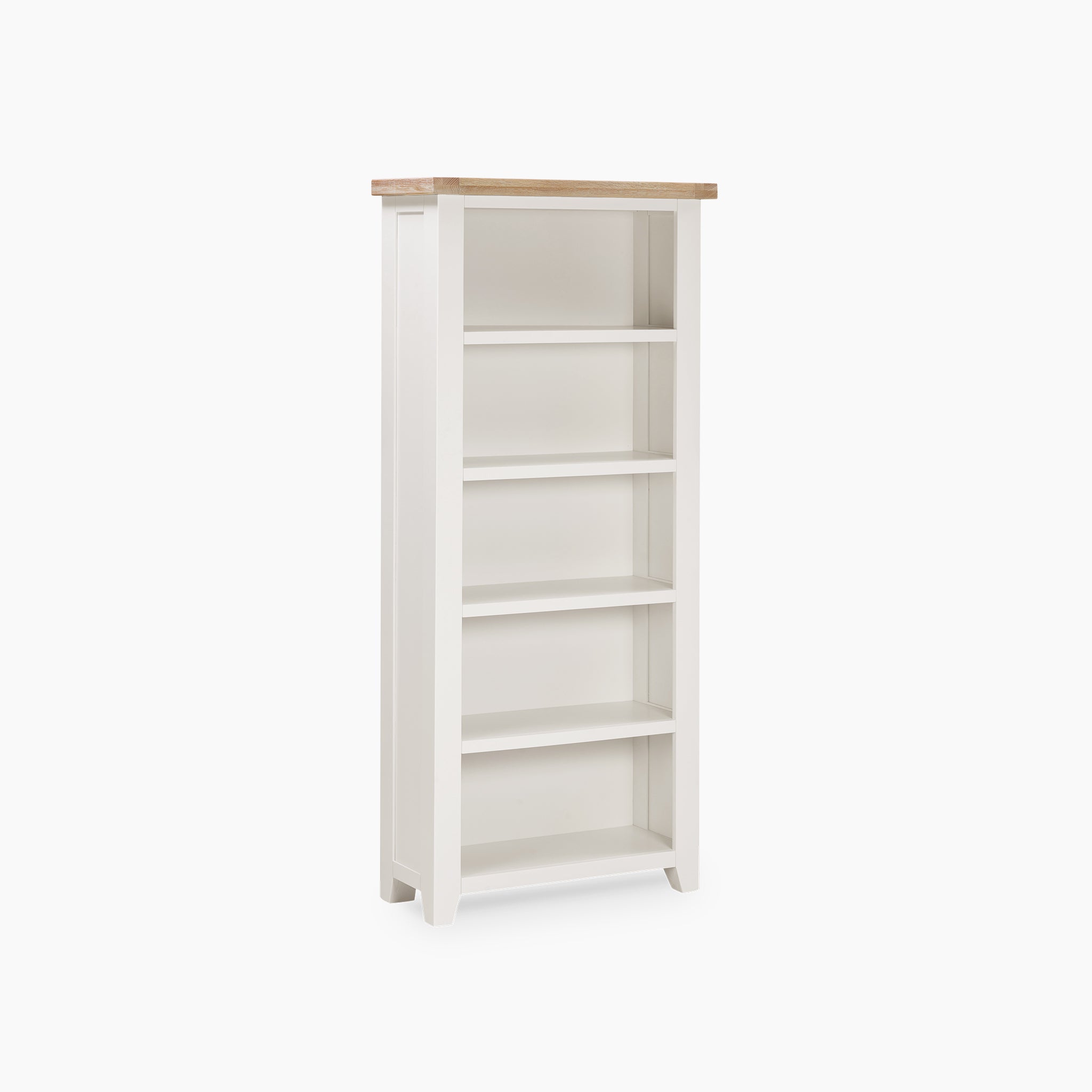 The Burford Large Bookcase in Warm White showcases a tall white design with five spacious shelves and is beautifully accentuated by a natural oak wooden top.