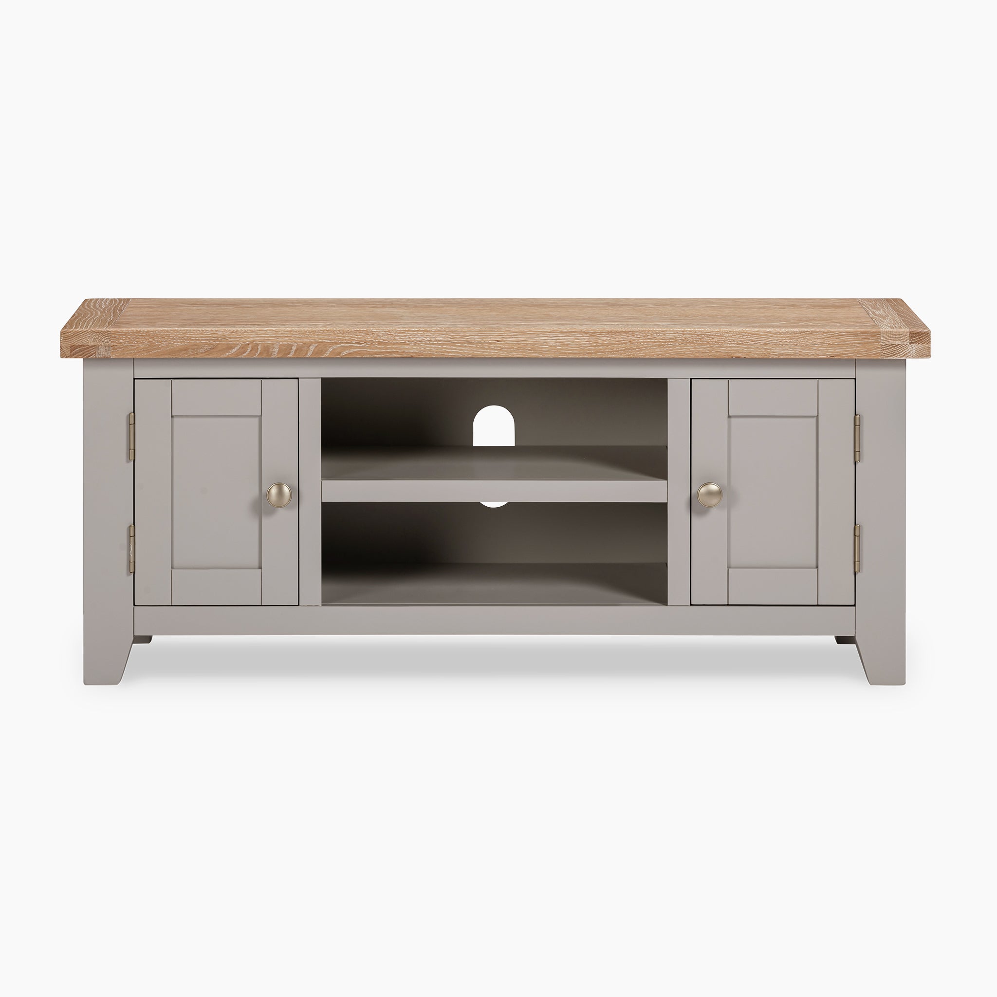 The Burford 120cm Media Unit in Pebble Grey includes two cabinets, shelves, and a natural oak top, offering a perfect combination of function and style.