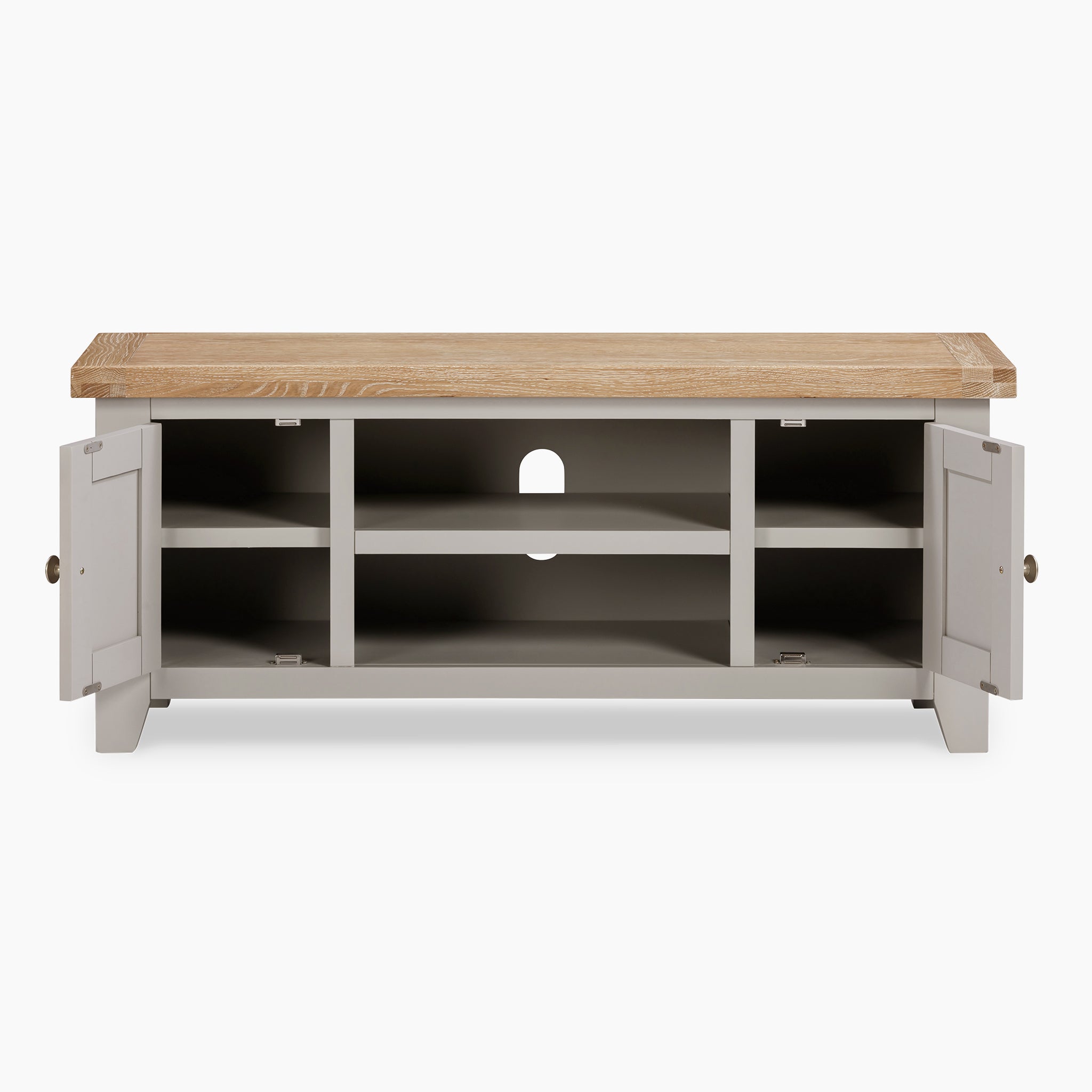 Introducing the Burford 120cm Media Unit in Pebble Grey, showcasing a natural oak top along with a sleek finish. This wooden TV stand features open shelves and two open side cabinets, seamlessly blending style and functionality for your living space.