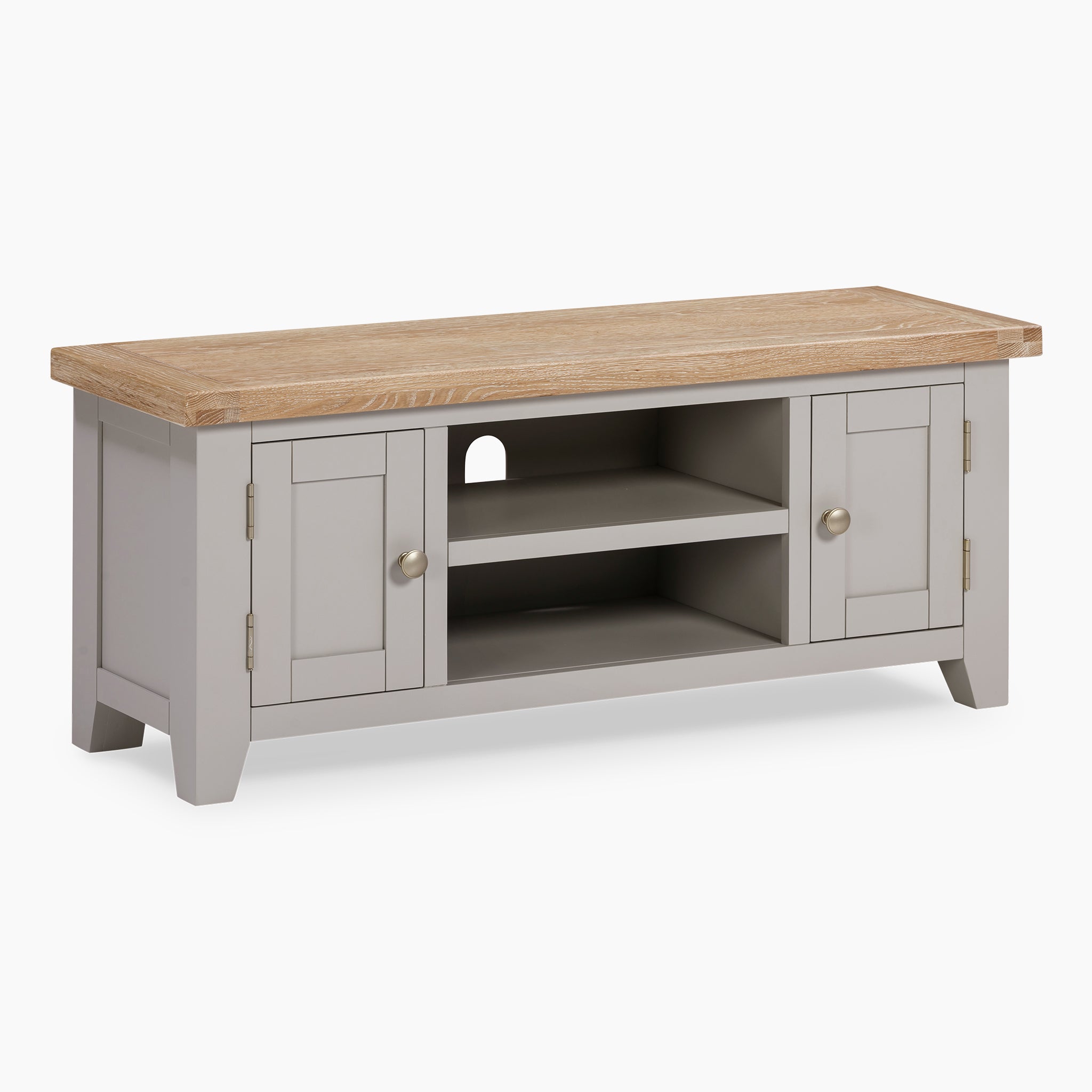 The Burford 120cm Media Unit in Pebble Grey features a natural oak top, complemented by two doors and central open shelves for stylish storage.