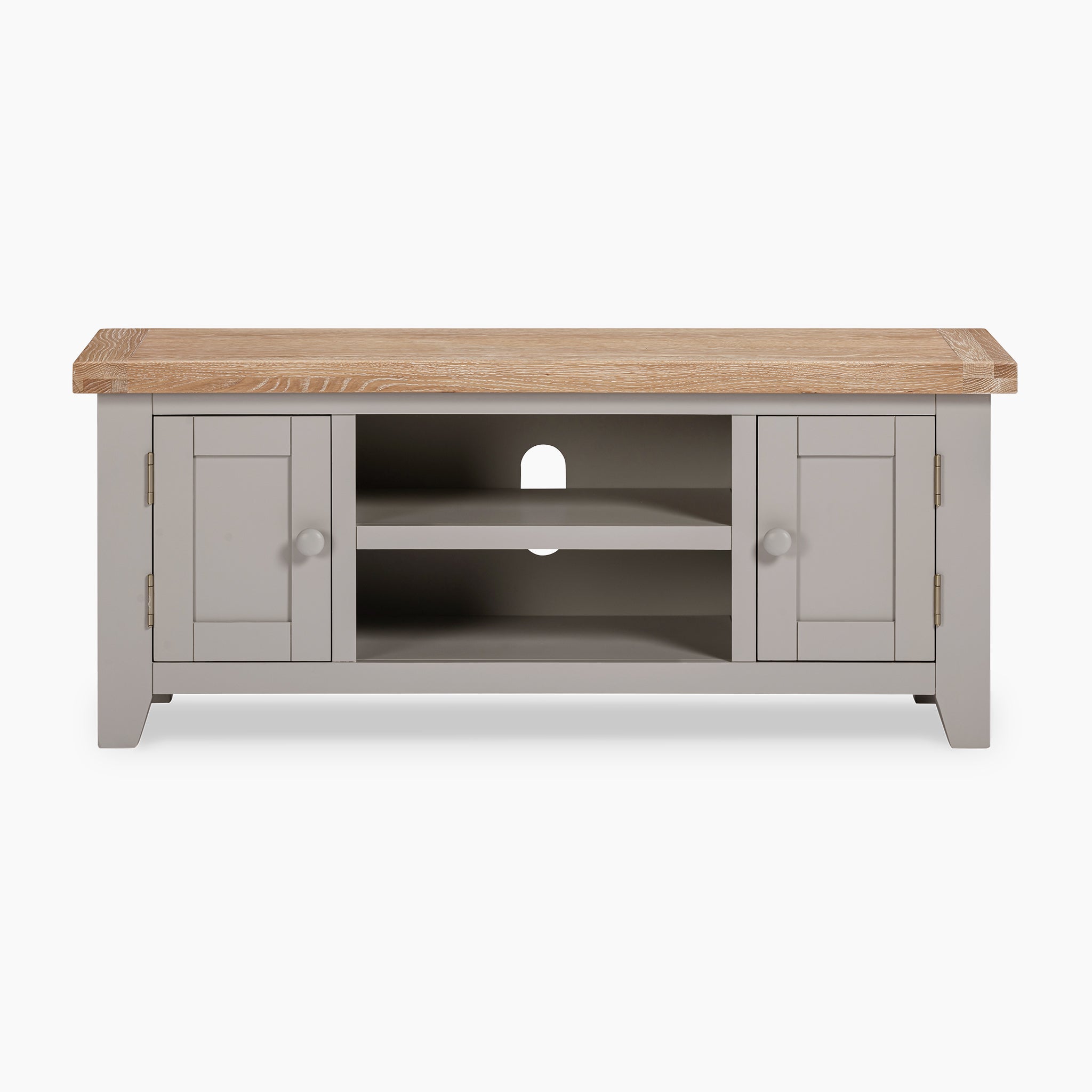 The Burford 120cm Media Unit in Pebble Grey offers a stylish gray wooden TV stand with two side cabinets and open shelves, complemented by a natural oak top that adds elegance while perfectly blending functionality with aesthetic appeal.