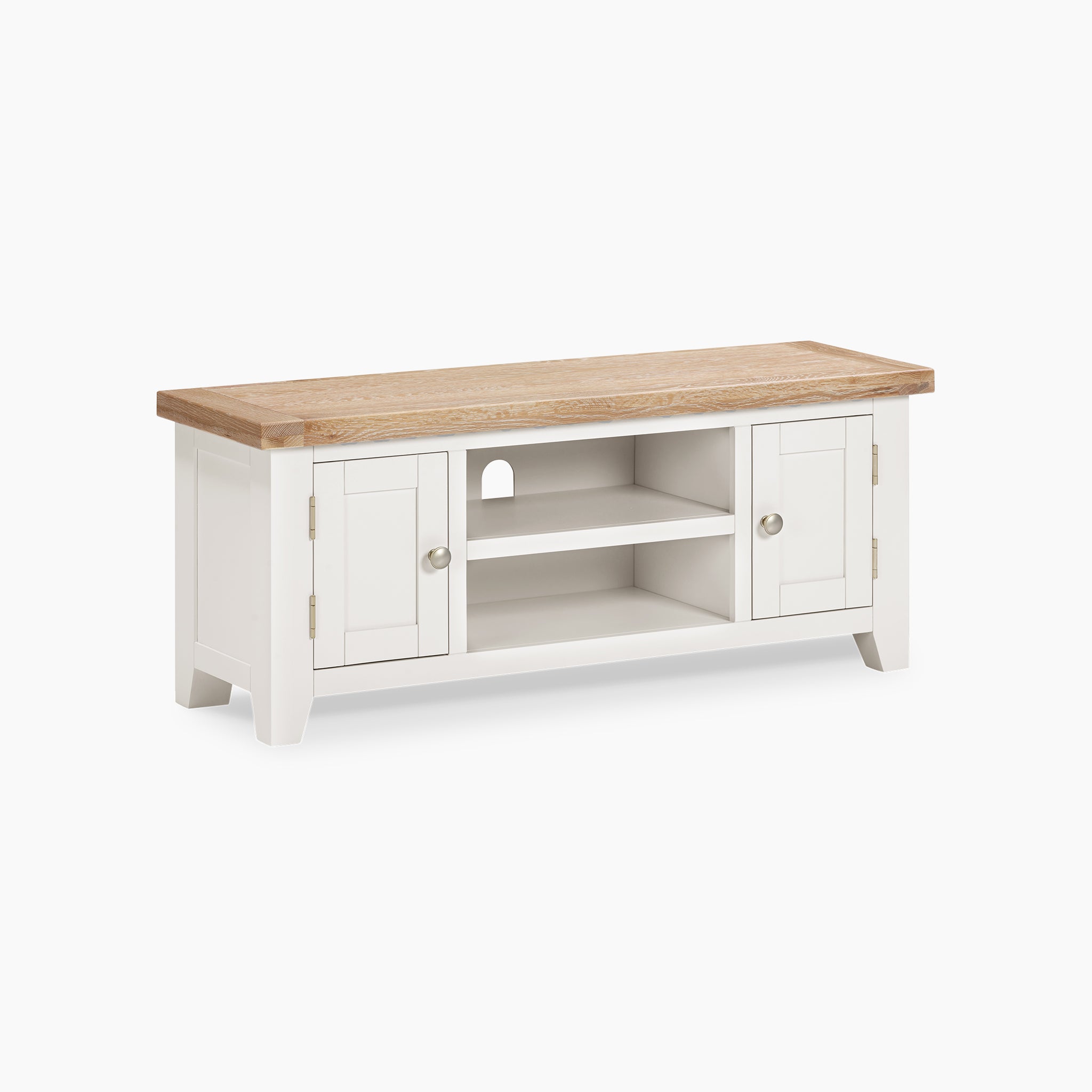 The Burford 120cm Media Unit in Warm White radiates rustic charm with its white wooden TV stand and elegantly white-washed oak top. It includes two cabinets and two open shelves, seamlessly combining functionality with style.